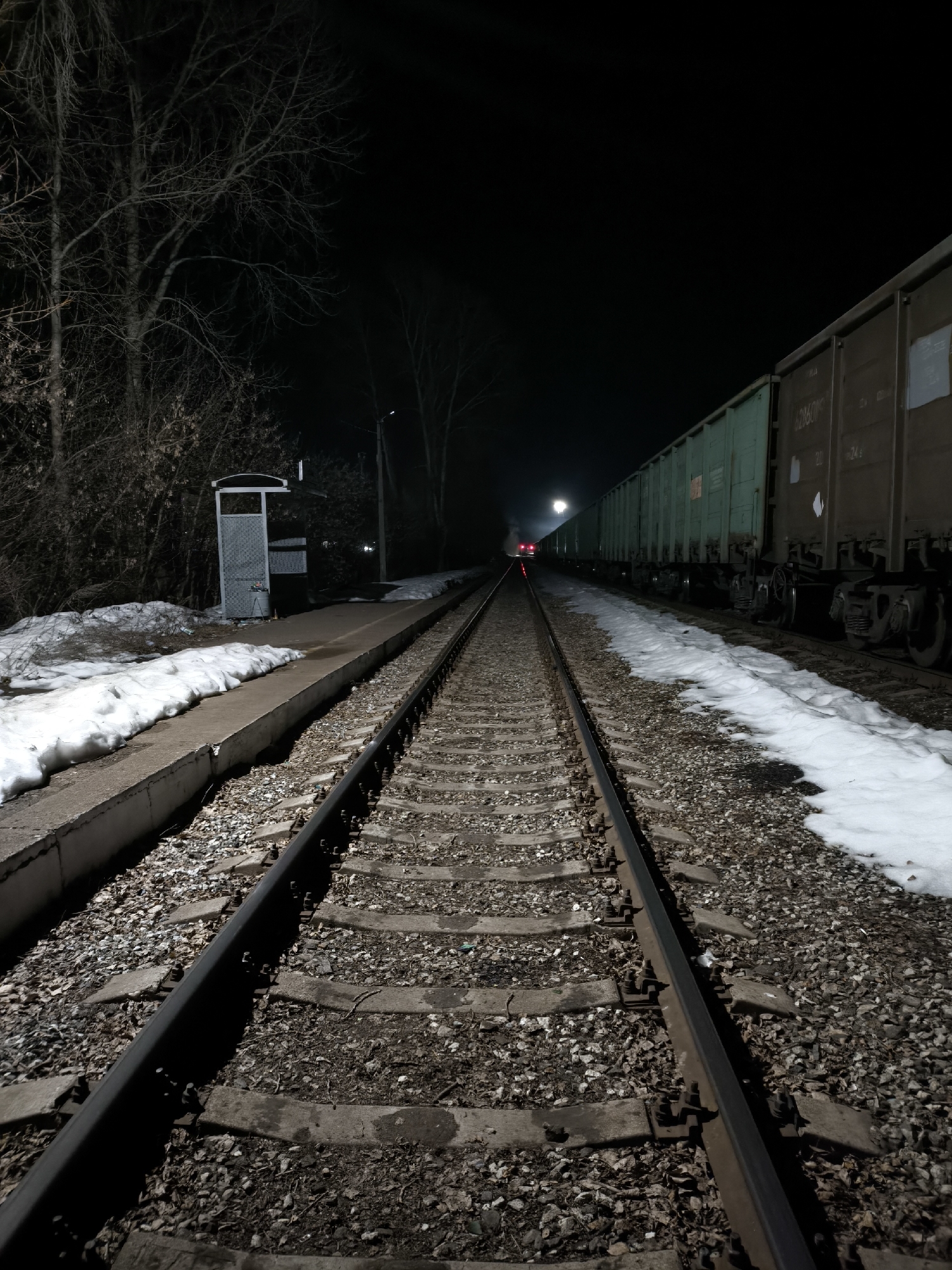 The image depicts a nighttime scene at a railway line in the city of Chaikovsky, Russia. The viewpoint is from track level, looking down a set of two parallel tracks. The track closest to the viewer is centered, with rails secured to concrete sleepers embedded in gravel ballast. To the left of the tracks, a concrete railway platform runs parallel, partially covered by irregular patches of snow. A small, gray, open-sided metal shelter with a sloped roof stands on this platform. Behind the platform, a dense line of bare trees with visible branches and some undergrowth is present, also partially covered in snow. To the right of the tracks, a long, stationary freight train composed of numerous green/teal and brown cargo cars occupies an adjacent track, extending into the distance. Snow accumulation is evident along the track bed beside the train. The scene is illuminated by artificial light sources, creating strong shadows. Far down the central tracks, a bright white light is visible, flanked by two distinct red lights, suggesting a distant locomotive or signaling system. The sky overhead is dark and clear. No individuals are present in the scene. The presence of snow indicates cold weather conditions, likely winter or early spring.