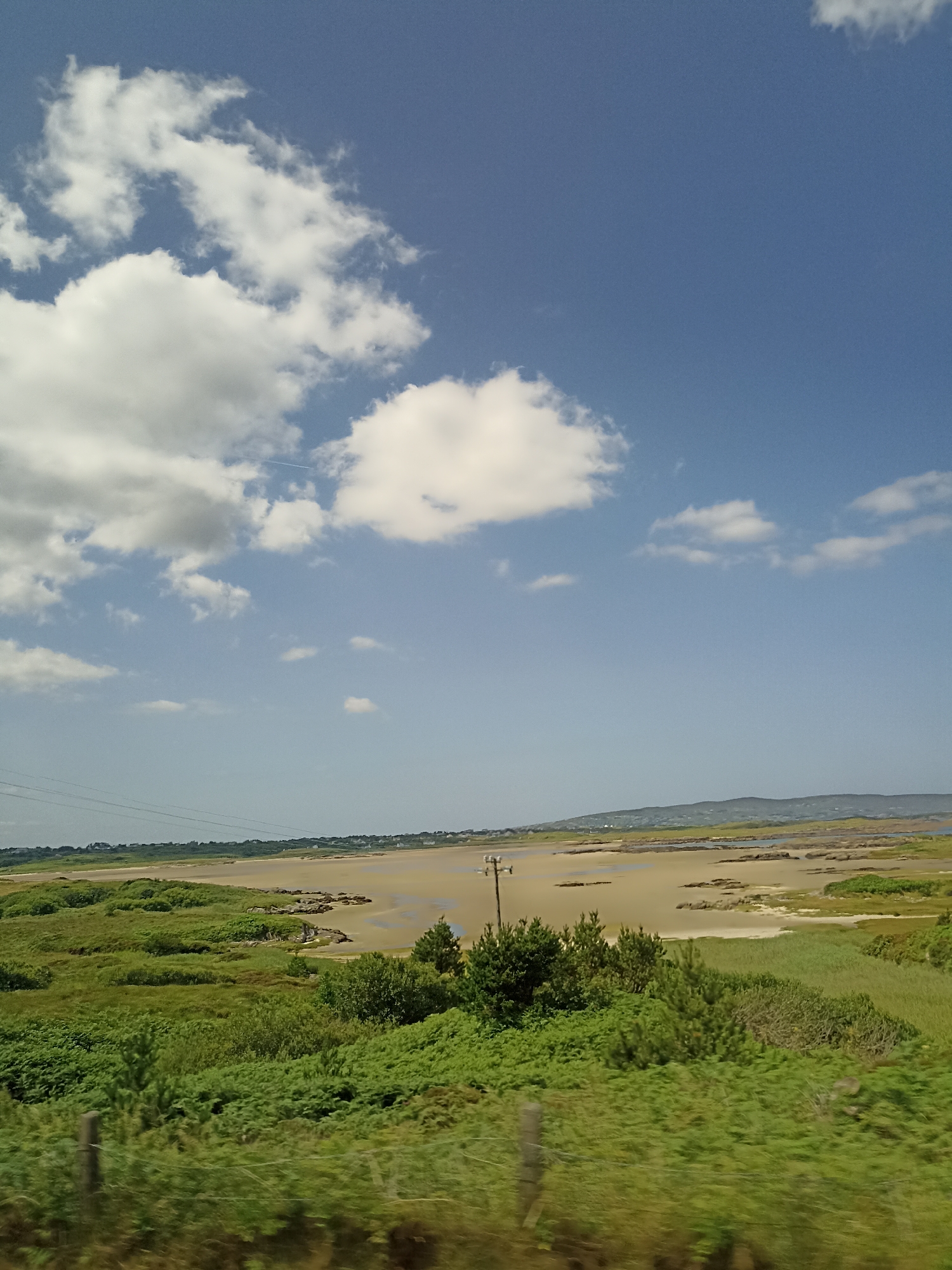 This is a scenic landscape image taken on a sunny day with scattered white clouds against a bright blue sky. The foreground is dominated by lush green vegetation, including bushes and trees, with a rustic fence running horizontally. In the midground, a sandy landscape with pools of water and scattered rocks extends towards a distant, hazy coastline. A single utility pole stands prominently in the midground. The background features a hilly, green landscape with a few buildings visible in the distance. The overall impression is one of a natural, possibly coastal or wetland, environment in Ireland.