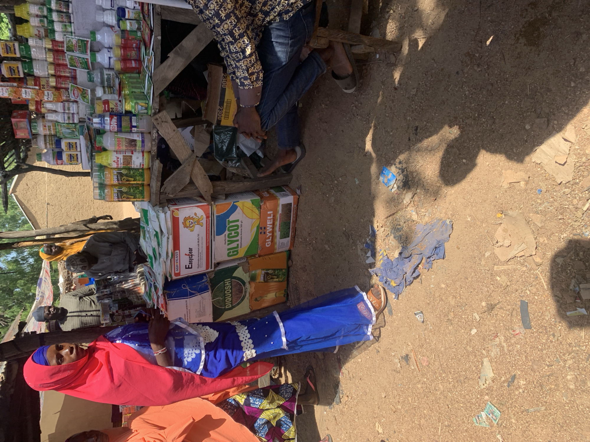 In Boi A, Nigeria, a marketplace scene unfolds. A young woman, draped in a vibrant pink hijab and a flowing blue dress, stands prominently in the foreground. Her attire, adorned with white lace trim, suggests traditional clothing. To her left, another individual in an orange outfit is partially visible, and further back, several men are present, some standing and others seated.
The backdrop is a makeshift stall laden with an array of products, predominantly agricultural chemicals and pesticides. Various bottles, boxes, and sachets are stacked, displaying brand names such as "Easyclear," "Glycot," and "Glywell." These are arranged on wooden shelves, suggesting an outdoor retail setting. The ground is a mixture of sand and dirt, with scattered debris, including plastic wrappers and fabric scraps, indicative of a busy, albeit untidy, commercial area. Shadows cast by the overhead structures and people indicate a bright, sunny day, typical of the Nigerian climate.