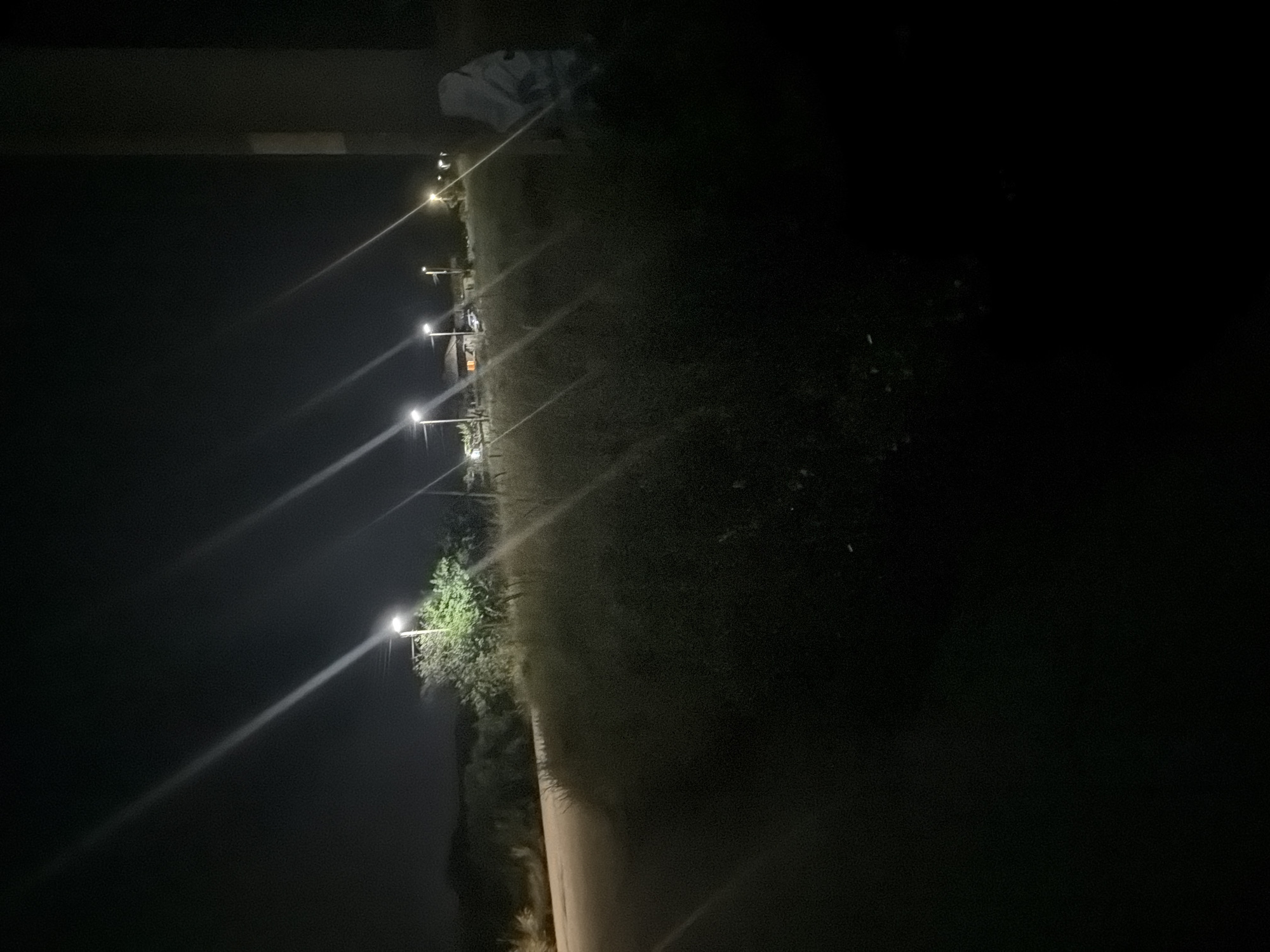 The image depicts a nighttime scene in an outdoor environment, likely a rural or suburban area. Several streetlights are illuminated, casting long streaks of light across the dark sky and illuminating the surrounding vegetation and a few buildings in the distance. The ground appears to be a mixture of dirt and grass. A portion of a large, dark, vertical structure, possibly a pillar or a utility pole, is visible on the right side of the frame. In the far distance, a vehicle is visible next to one of the buildings, and lights are on inside some of the structures. The overall impression is one of a quiet, dimly lit night. The location is identified as Smyadovo, Bulgaria.