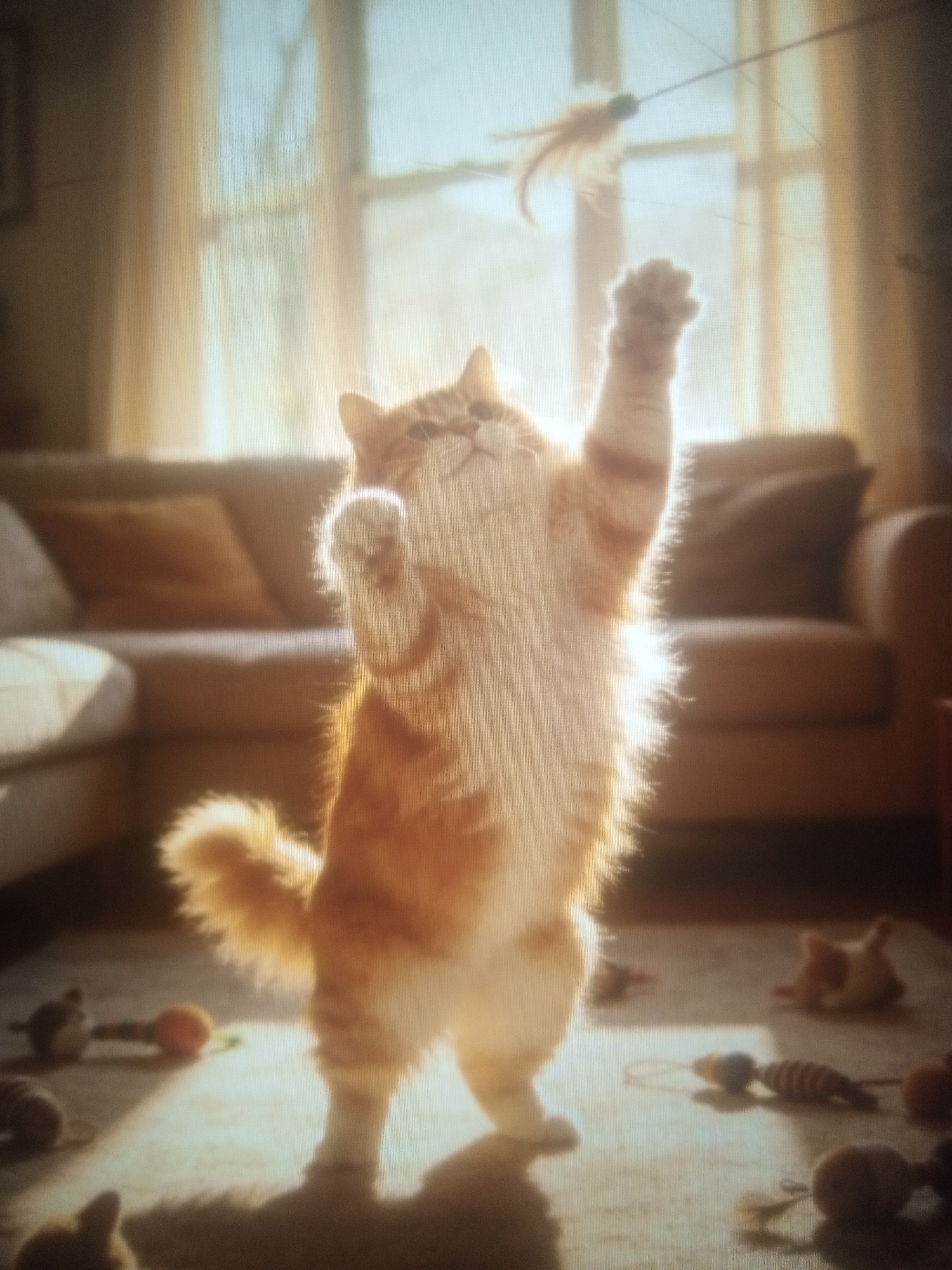 A fluffy orange and white cat is captured mid-air, standing on its hind legs with its front paws reaching upwards towards a feathered toy suspended from a wand. The cat's body is elongated as it stretches, its tail curled upwards behind it. The background reveals a sunlit living room with a couch and windows draped with sheer curtains. Several small cat toys are scattered on the floor in front of the cat. The lighting suggests a warm, indoor setting.