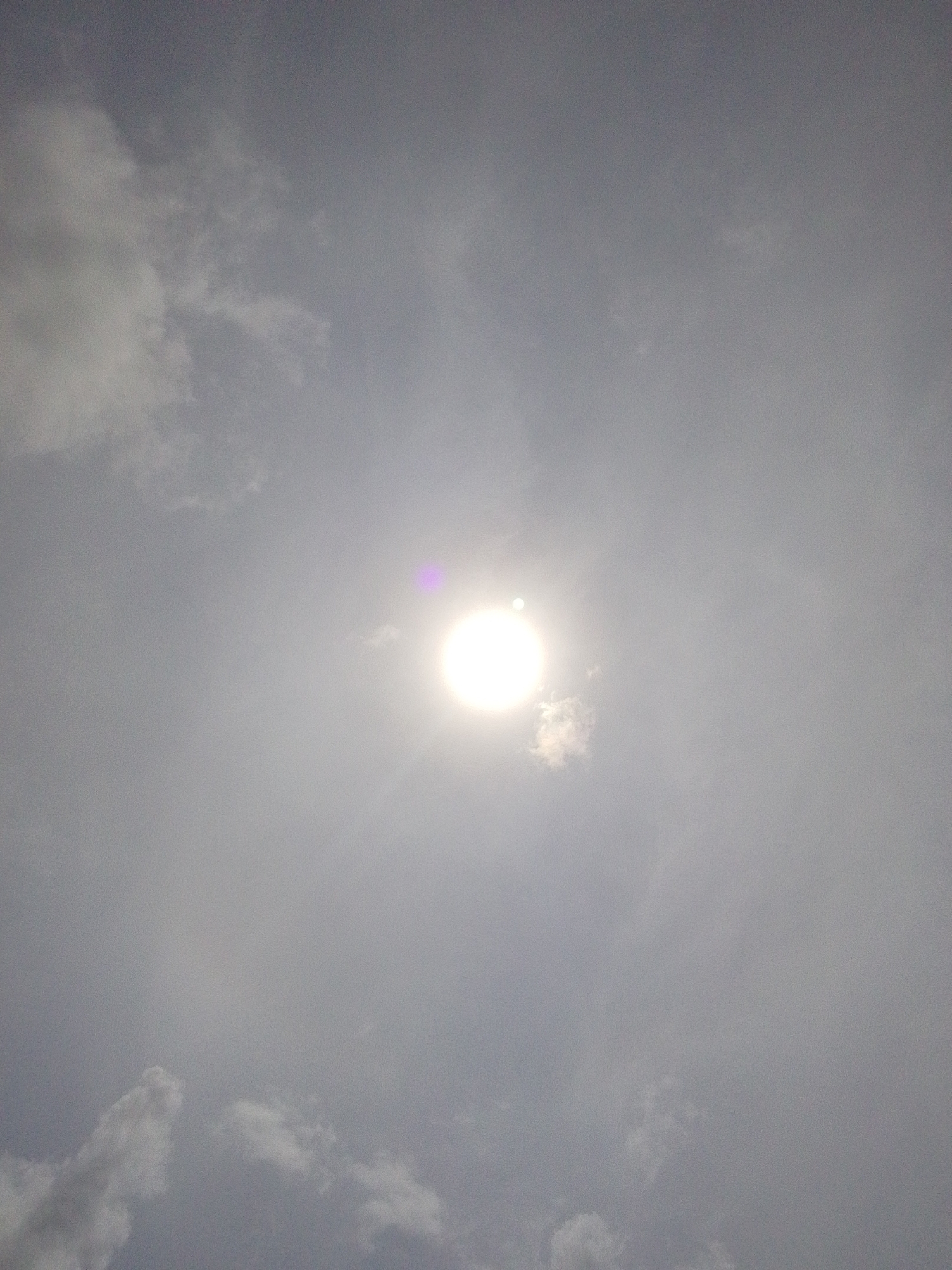 An outdoor, vertical, eye-level shot captures the sun in a hazy, overcast sky. The sun is slightly off-center to the left and is casting a bright light, creating a halo effect and a subtle purple flare. Fluffy, white clouds are scattered throughout the sky, some appearing wispy and others more defined, partially obscuring the sun. The overall atmosphere is muted due to the overcast conditions.