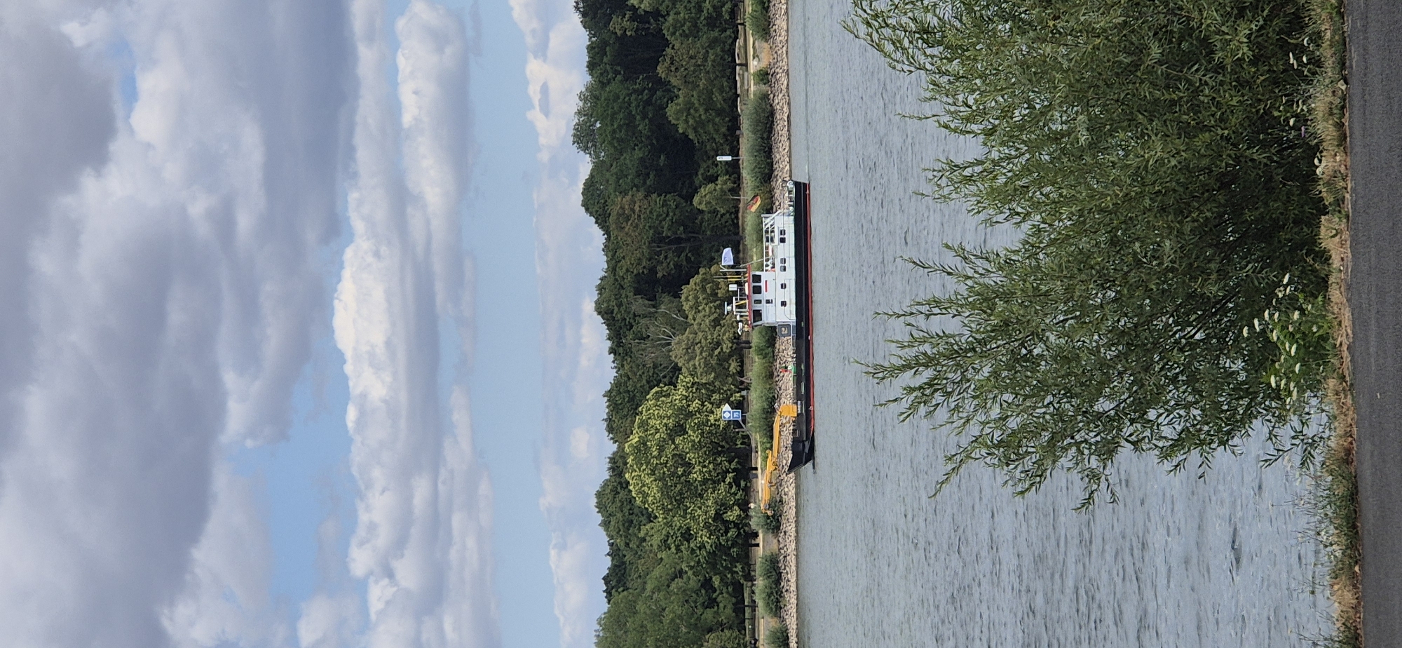 The image depicts a wide river, likely the Rhine, flowing through a park-like setting with lush green trees lining the opposite bank. In the middle of the river, a white and red boat with a crane-like structure on its bow is moving from left to right. The boat has a cabin with windows and a blue flag with a white symbol on its stern. The sky is partly cloudy with patches of blue. The foreground shows a paved path or road bordering the riverbank, with green foliage and some small white flowers growing along the edge. The scene appears to be a peaceful, outdoor environment in the city of Mainz, Germany, possibly along the banks of the Rhine river.