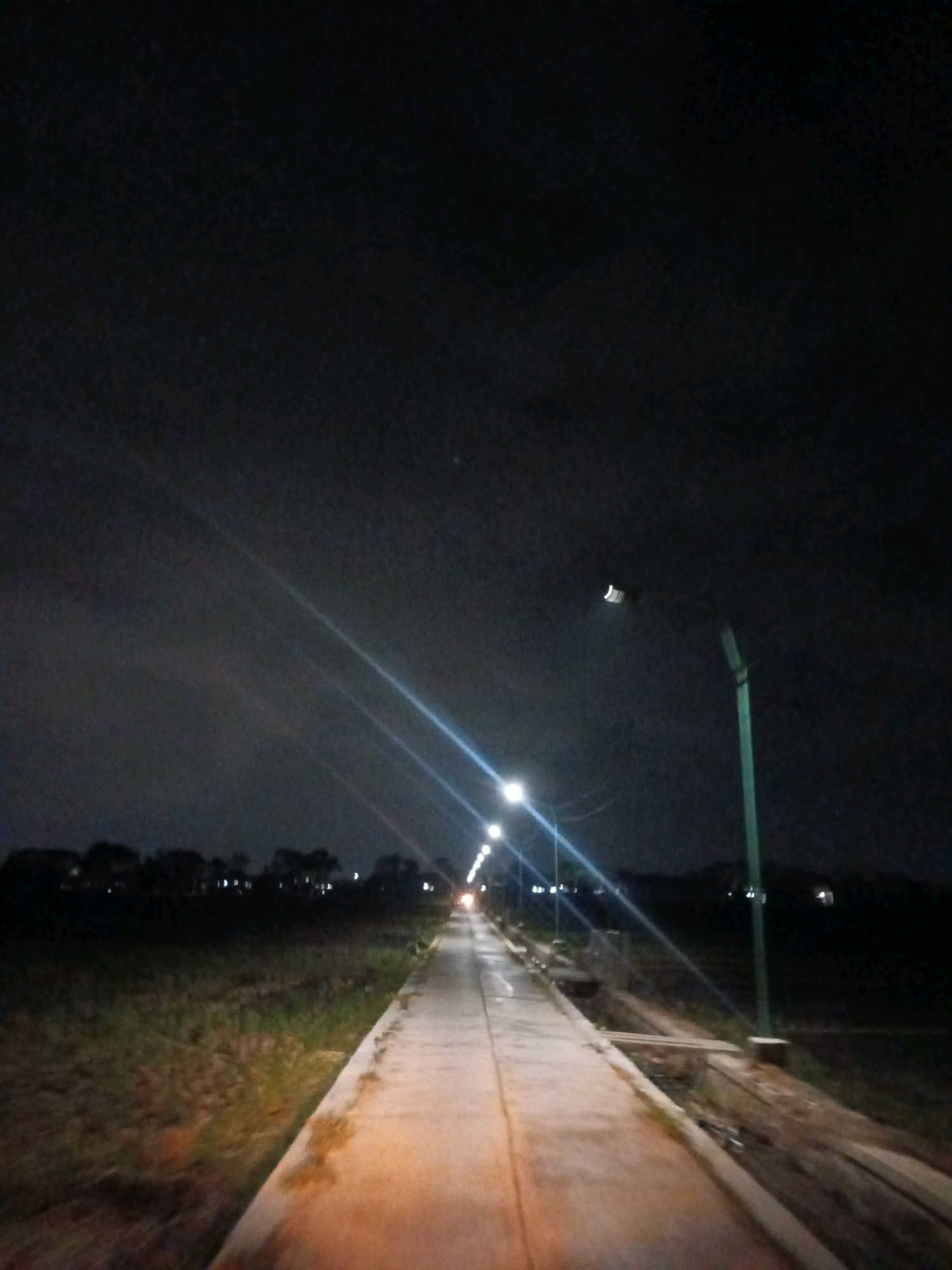 This is a night photograph taken from a low angle, looking down a paved pathway lined with grass and vegetation. The pathway is illuminated by several streetlights positioned along its right side. The sky is dark and overcast, with some faint clouds visible. In the distance, silhouetted trees and faint lights suggest the presence of a town or village. The overall impression is one of a quiet, somewhat isolated location, possibly on the outskirts of Kiping, Indonesia.