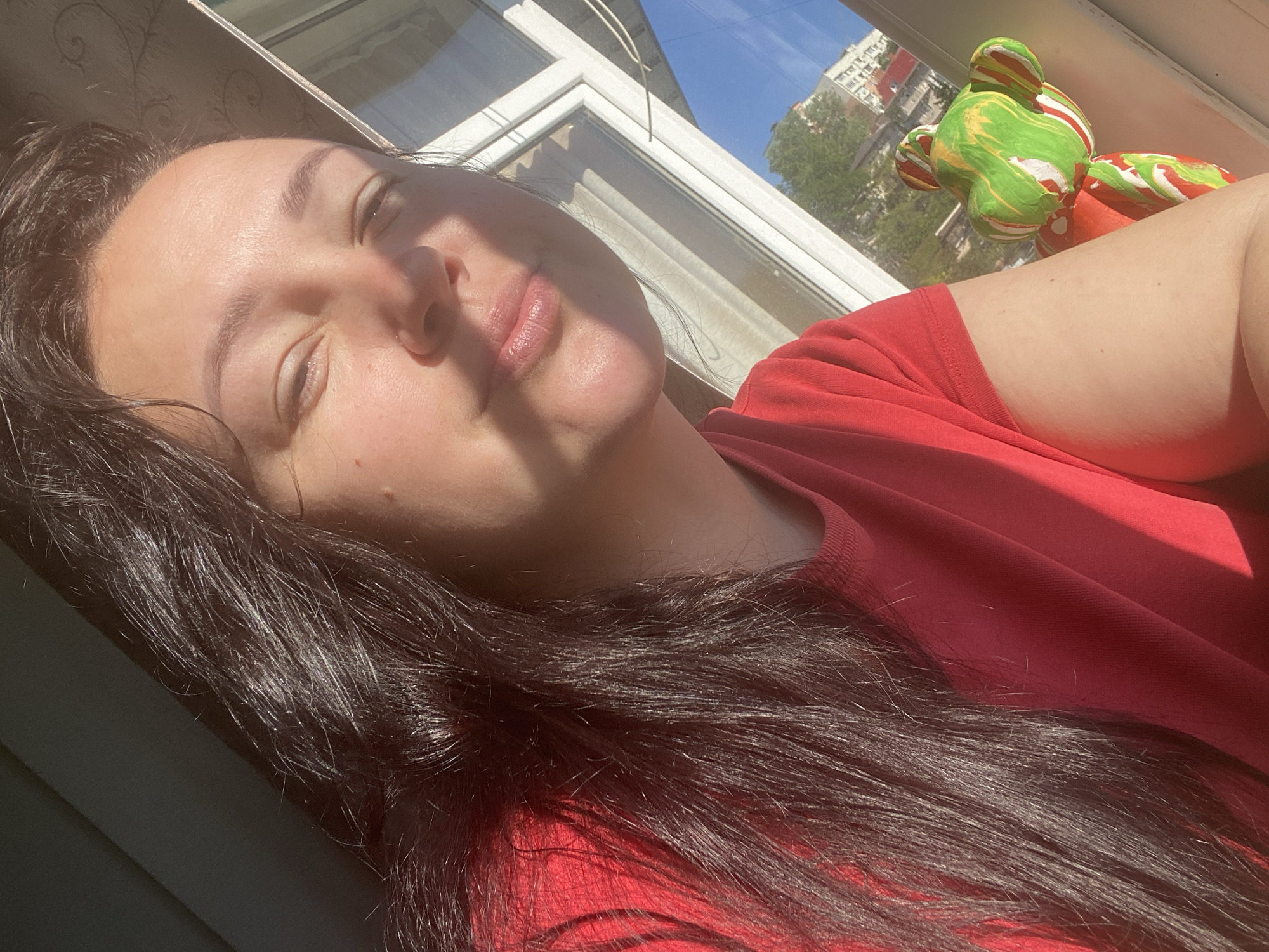 A woman with long, dark hair, wearing a red top, is lying near a window. Her eyes are closed, and she appears to be relaxing in the sunlight. A colorful, bear-shaped object sits on the window sill next to her arm. Outside the window, a view of buildings and trees suggests an urban environment. The location is Sochi, Russia.