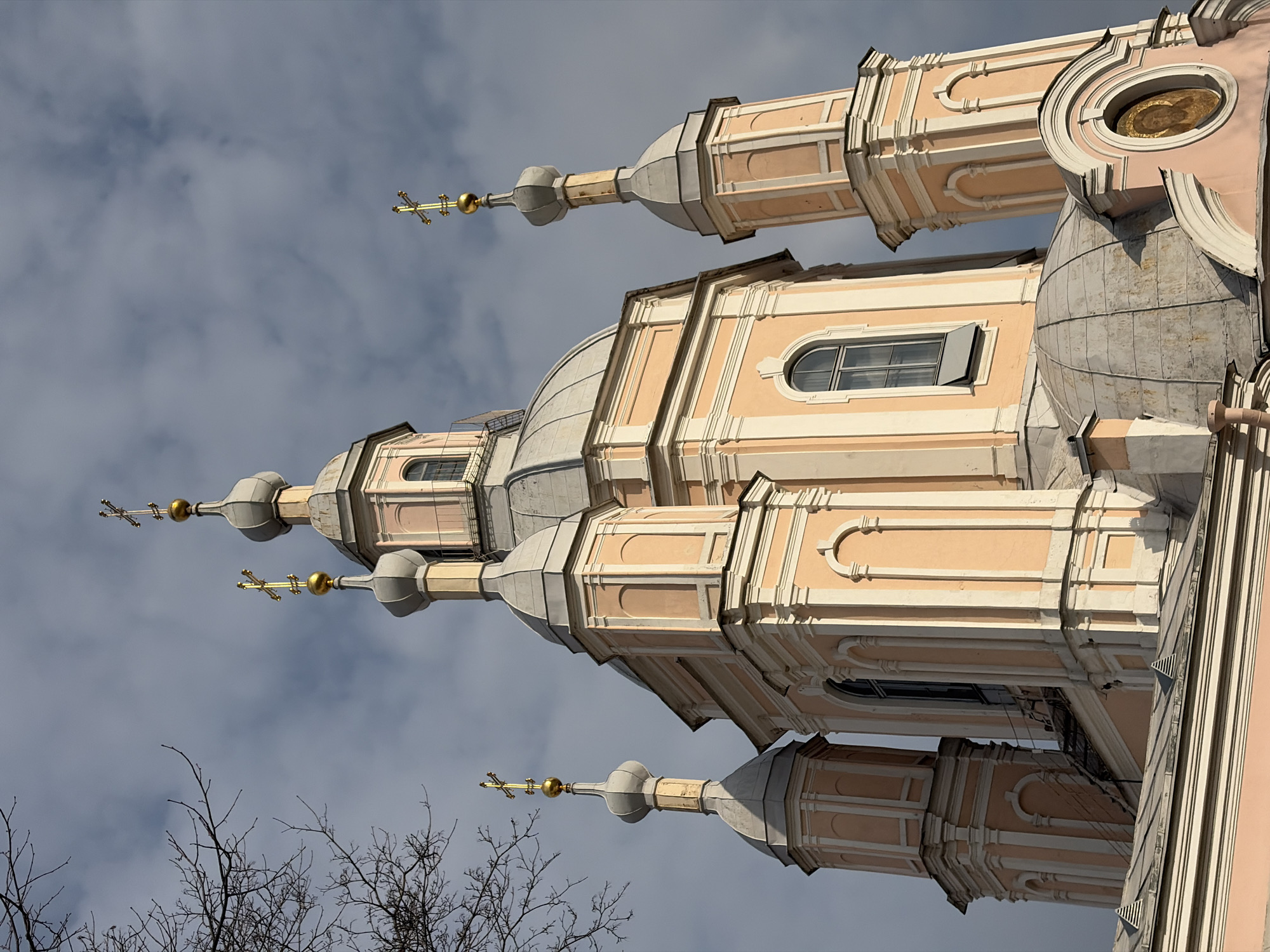 The image depicts the Smolny Cathedral in Saint Petersburg, Russia. The view is from below, looking upwards at the cathedral's domes and spires against a cloudy sky. The architecture features a pale peach and white color scheme with ornate detailing. The tops of bare tree branches are visible in the lower left corner of the frame. The lighting suggests it is daytime, with some shadows indicating the sun's position. No people are visible in the scene.