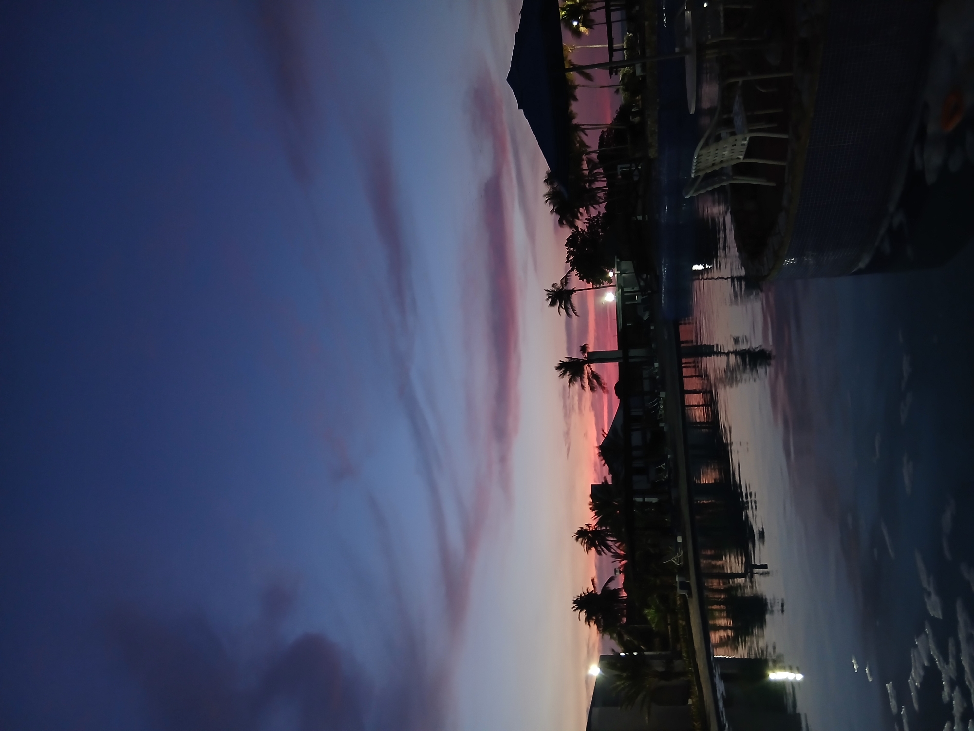 The image shows a twilight scene in Altagracia, Venezuela. The sky is a mix of blue and pink hues, suggesting sunset. Silhouetted palm trees line the horizon. A building, also silhouetted, is visible amidst the trees. The water appears to reflect the colors of the sky and the silhouettes of the trees and building. A pool with visible deck furniture is also present. The scene is largely devoid of people.