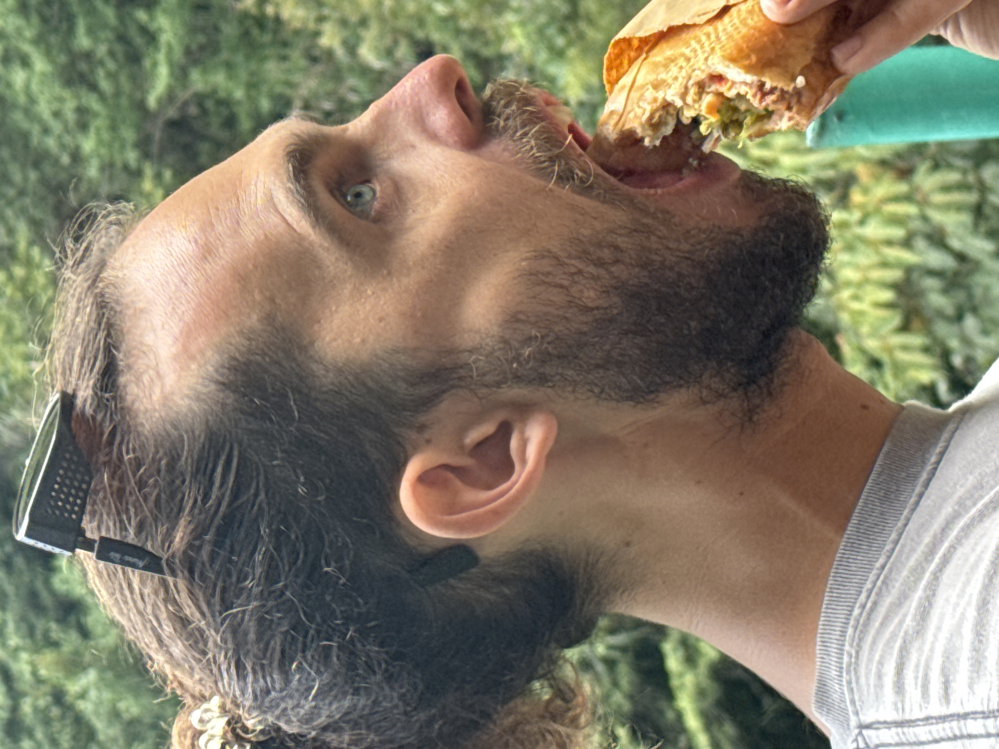 A close-up, medium shot, taken at an angle, shows a Caucasian man with a beard eating a sandwich outdoors, possibly in the city of Sa Pa Ward, Vietnam, indicated by the type of lush, green vegetation that would be present in this location. The man has dark brown and gray hair pulled back from his face. He has fair skin, blue eyes, and a beard and mustache with some lighter red and brown hairs mixed in. He's wearing a light gray t-shirt with a banded neck. On his head, partially obscured by hair, is a pair of goggles with patterned side guards. In his right hand, out of focus, someone is holding a half-eaten sandwich, wrapped in brown paper. The sandwich is filled with meat, lettuce, and tomatoes. The background is a blurred mix of green leaves and stems.