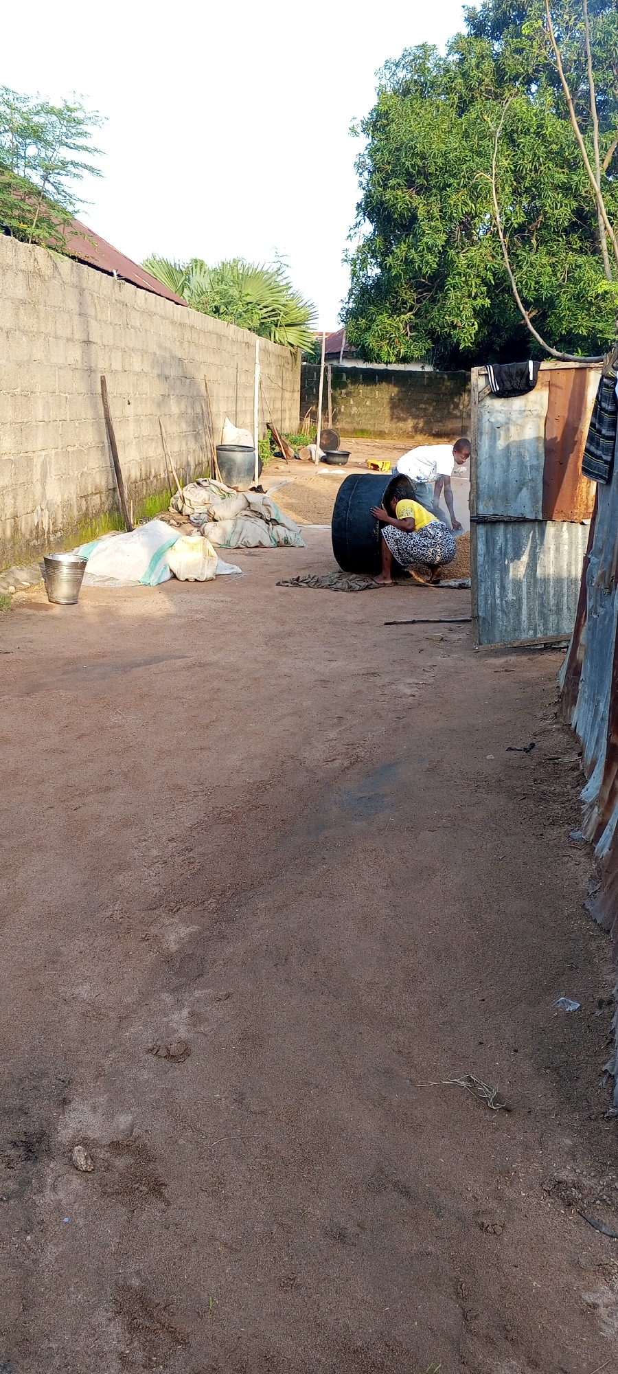 The image depicts an outdoor scene, likely in Jalingo, Nigeria, characterized by a dirt ground and a rough concrete wall. In the middle ground, two individuals are engaged with a large, black, cylindrical object, possibly a barrel. One person, wearing a yellow and patterned skirt and top, is crouched down and appears to be interacting with the interior of the object. Another person, dressed in a white t-shirt and blue shorts, is standing and also seems to be involved with the barrel.
Scattered around the barrel are several large bags, some appearing to be white and others a light tan color, possibly containing grain or other materials. A metal bucket is visible to the left of these bags. In the background, a tall green tree provides shade, and part of a corrugated metal structure is present on the right side of the frame. The sky above is bright and appears to be a clear, pale blue. The overall impression is of a work or storage area in an outdoor setting.