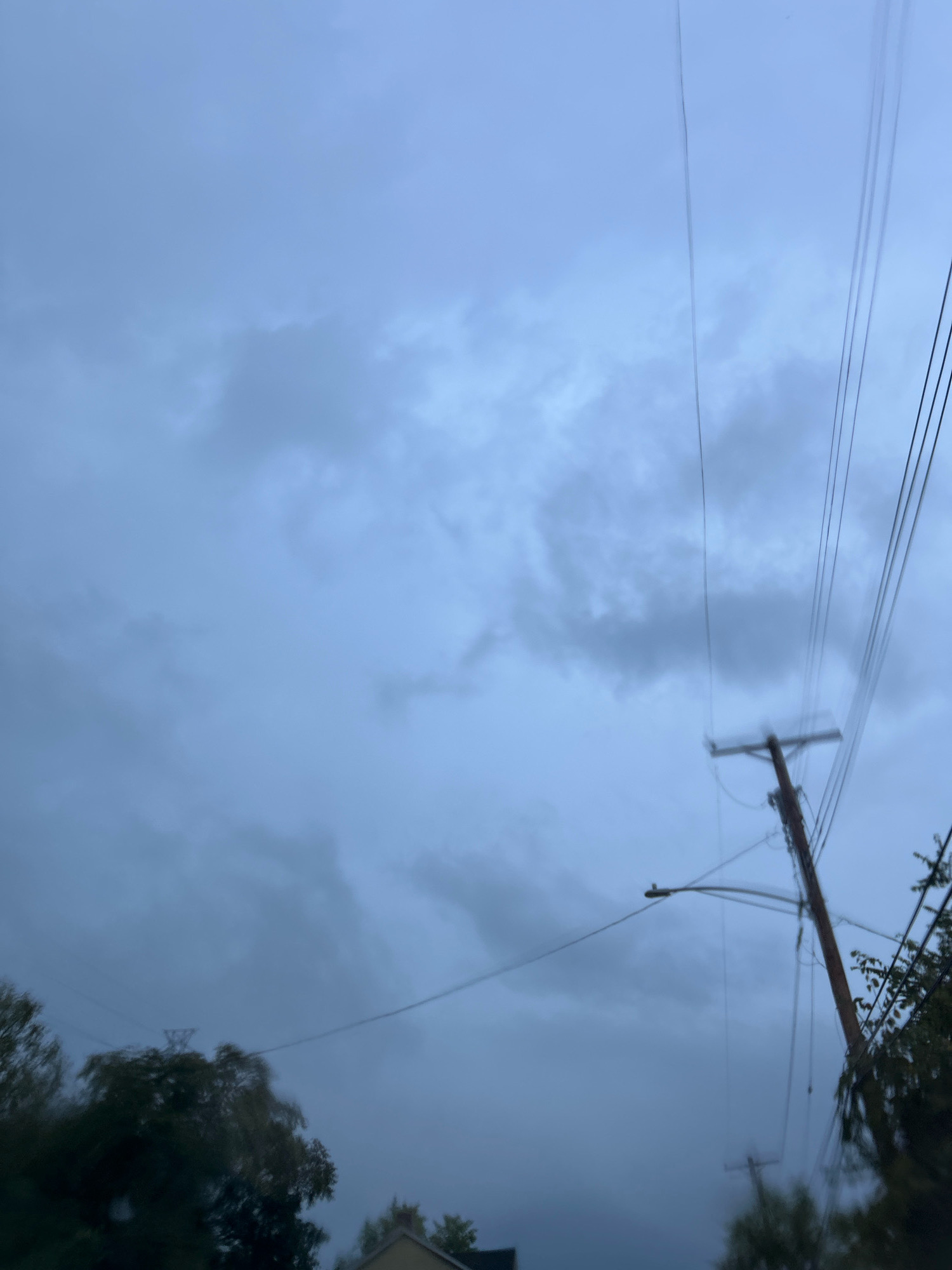 An over-the-shoulder shot, taken from the perspective of a moving vehicle in Bridgeville, United States of America, captures a cloudy sky with power lines and a utility pole dominating the frame. The scene is overcast and appears to be either dusk or an exceptionally gloomy day. To the right, a wooden utility pole with a horizontal crossarm supports multiple dark power lines that stretch across the frame, becoming blurred due to motion. A street lamp is also visible attached to the pole. In the lower right corner, dark foliage from a tree with green leaves is encroaching on the frame. To the left, the tops of trees with dark green leaves are visible. In the distance, the blurry silhouette of a house and another utility pole can be seen against the grey sky. The overall impression is one of a mundane, everyday urban or suburban environment under a threatening sky.