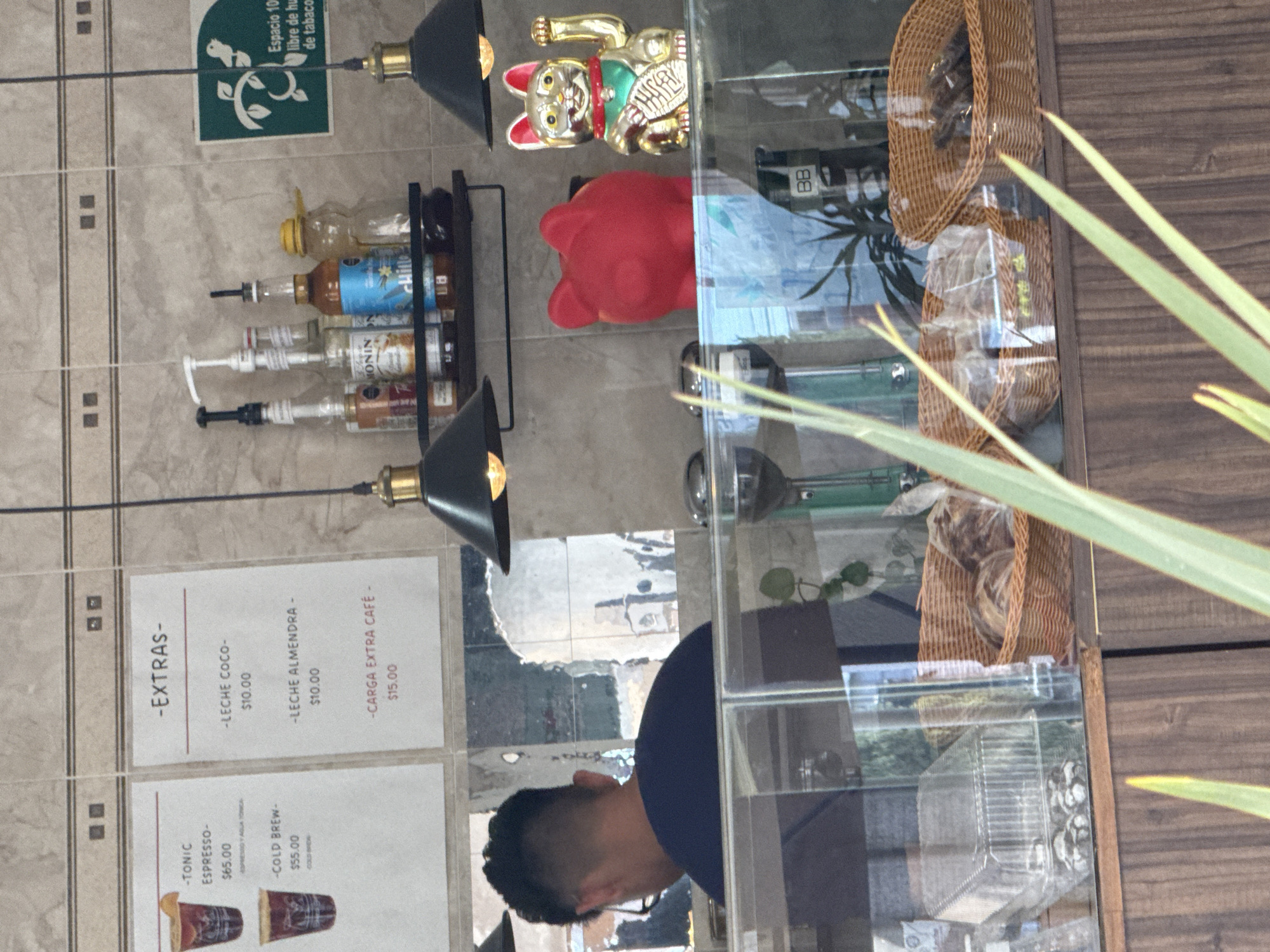 The image captures the interior of a cafe or coffee shop in San Bernardino Tlaxcalancingo, Mexico, showcasing a counter area. A person, viewed from behind, with short dark hair and wearing a dark blue shirt and glasses, stands positioned behind a reflective counter surface. The background features light-colored tiled walls with a horizontal decorative band. Two menus are affixed to the wall; the left lists "TONIC ESPRESSO - $65.00" and "COLD BREW - $55.00," while the right, titled "-EXTRAS-," details "LECHE COCO - $10.00," "LECHE ALMENDRA - $10.00," and "CARGA EXTRA CAFÉ - $15.00," indicating prices in Mexican Pesos. A green sign, partially visible on the far right, includes a bird graphic and Spanish text "Espacio 100% libre de humo de tabaco" (100% tobacco smoke-free space).
Below the menus, a black wall-mounted shelf holds several bottles, including those with pumps and labels like "MONIN" and "Chille," suggesting coffee syrups or flavorings, along with a clear bottle with a yellow cap. On the counter directly behind the glass display, a red plastic piggy bank and a golden Maneki-Neko (waving cat) figurine with a green bib, holding an object labeled "MILLION," are prominently displayed. Two black, bell-shaped pendant lights with exposed bulbs hang down, providing illumination.
The foreground features a clear glass display case built into a dark wood-grain counter. Inside the display, a transparent plastic container holds numerous small, dark, round baked goods. Adjacent to this, two woven wicker baskets contain individually wrapped pastries or bread rolls. Out-of-focus green foliage from a plant is visible in the immediate foreground.