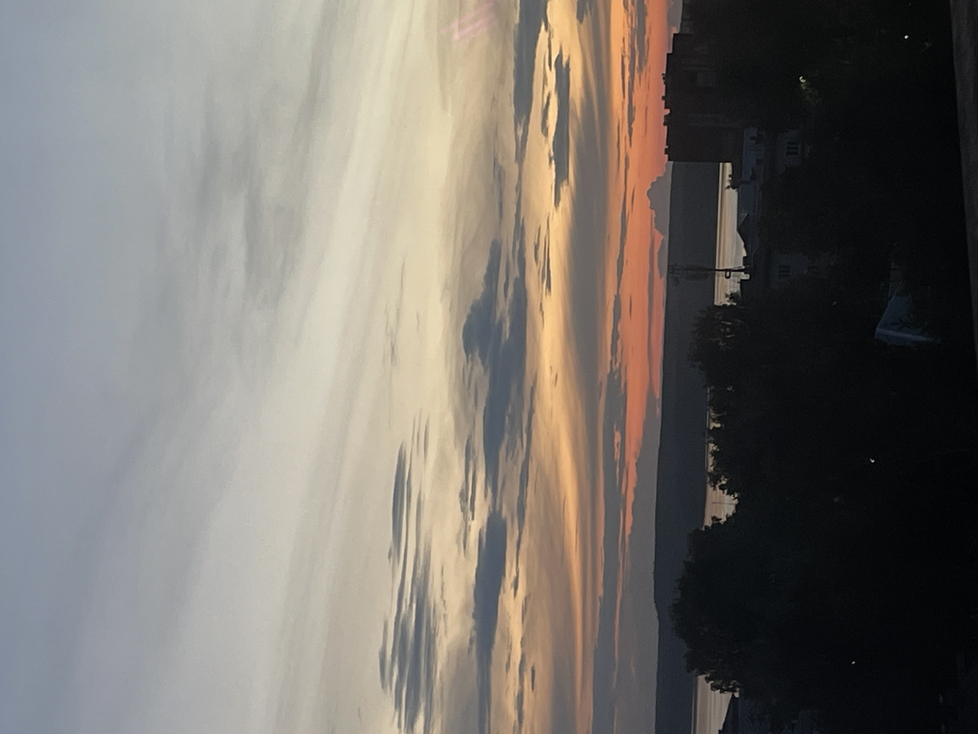 The image captures a vertical panorama of a sky at sunset, with the horizon and foreground elements oriented to the right side of the frame. The sky is filled with dramatic clouds, displaying a gradient of colors from pale grey and white on the left to vibrant oranges and pinks closer to the horizon. Wisps of darker clouds create texture and depth against the illuminated sky.
In the distance, along the horizon, a body of water can be seen, reflecting the warm hues of the sunset. Silhouetted against the sky are the dark shapes of trees, some appearing as dense foliage and others as individual, more distinct forms. Beyond the trees, the outlines of buildings are visible, suggesting a settlement or town. These structures are dark and indistinct, blending into the overall shadowed foreground. Two small, bright points of light, possibly lights from within the buildings or streetlights, are visible within the dark mass of the trees.
The overall mood conveyed is one of tranquility and the beauty of a natural sunset. The time of day is clearly evening, as indicated by the sunset colors and the darkening foreground. The weather appears clear enough for a vivid sunset, though some clouds are present. The presence of buildings and water suggests a location that is likely near a coast or a large lake. No text is visible in the image. The orientation of the image is such that the sky dominates the left two-thirds of the frame, with the landscape elements occupying the right third.