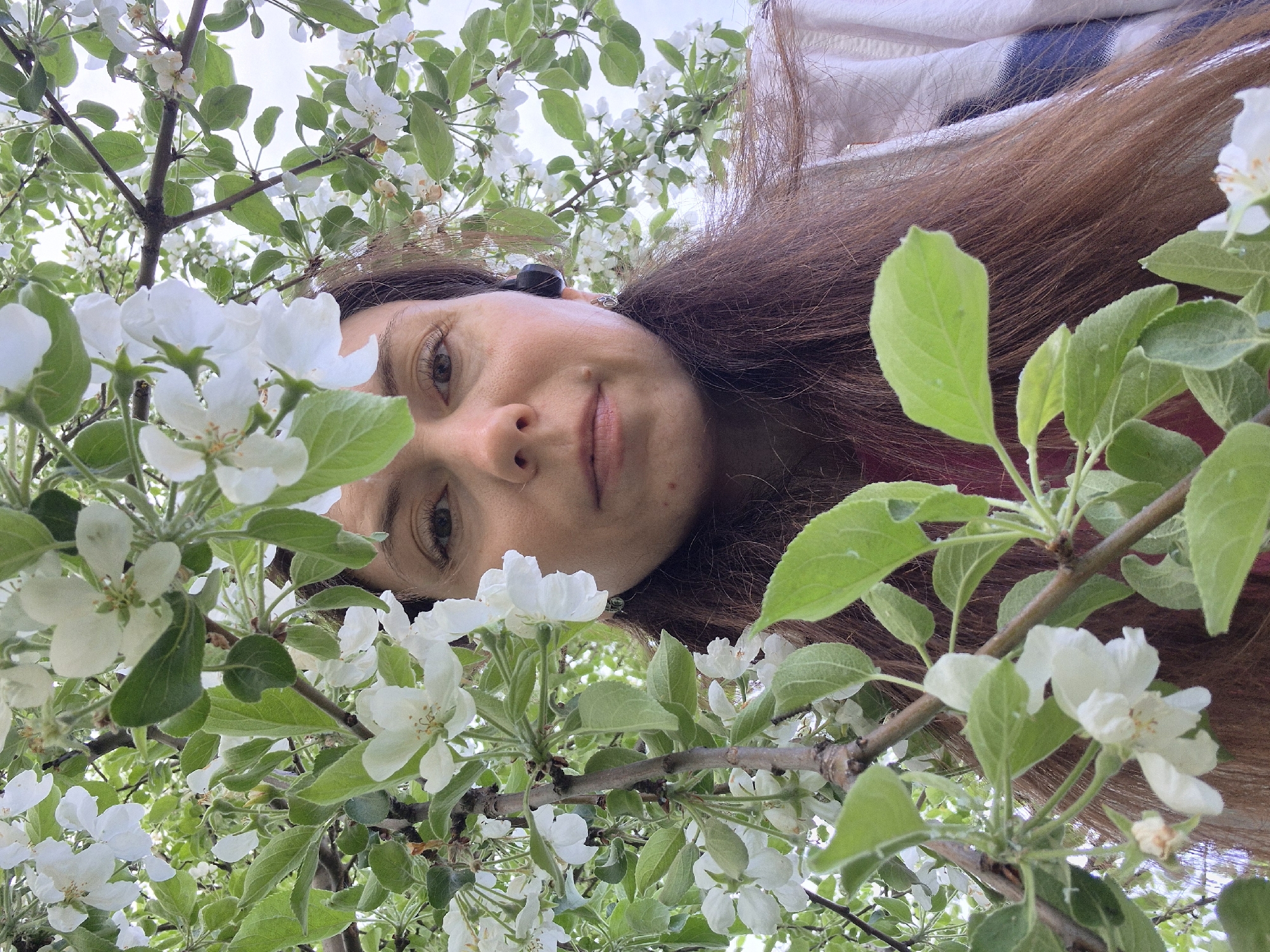 A woman with long brown hair lies beneath a tree in full bloom with white flowers and green leaves. She is looking directly at the camera. The location is an urban area of Unknown, Unknown, during the day.