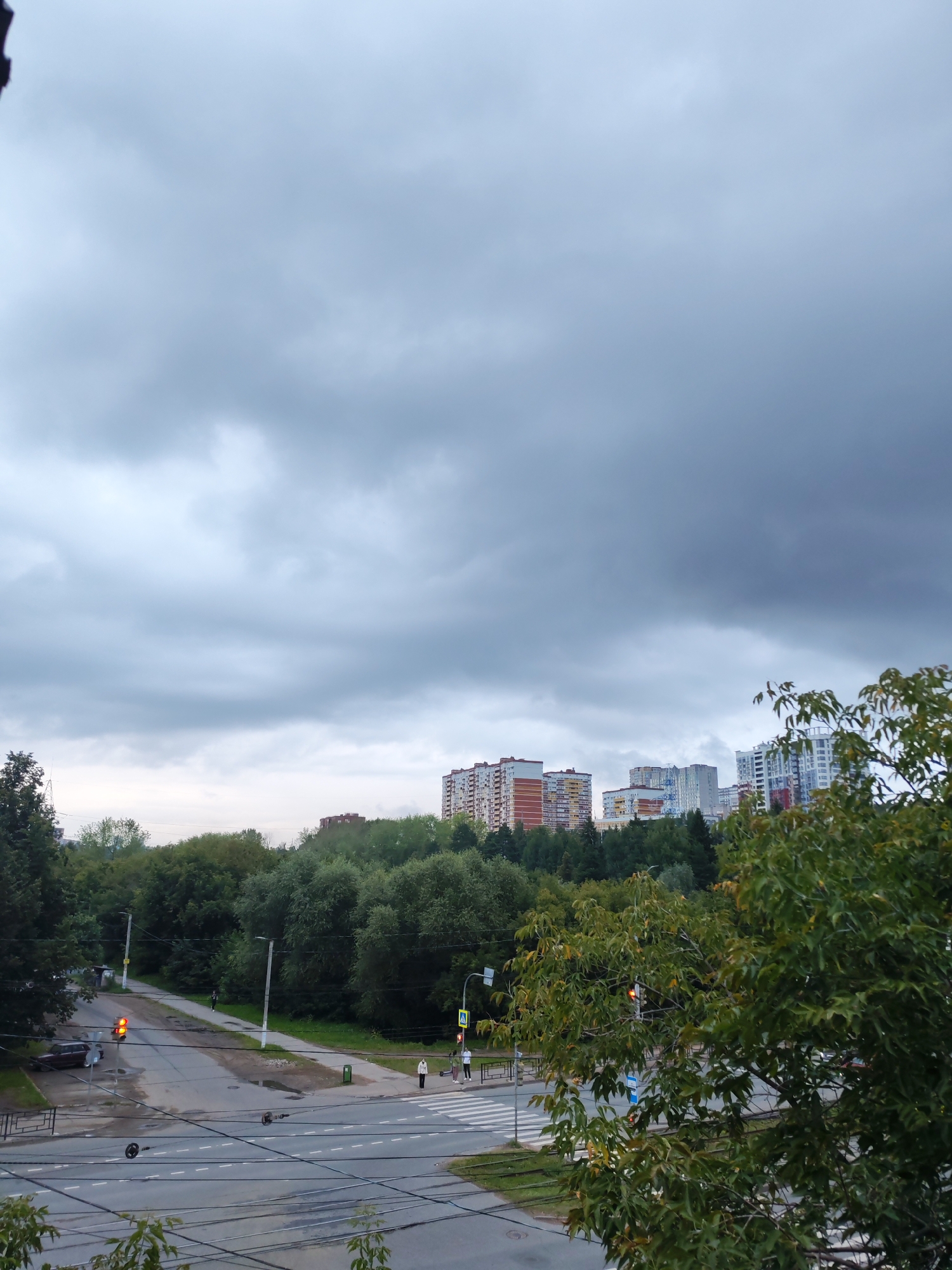 The image depicts an overcast day in a city, likely Izhevsk, Russia, with a prominent view of apartment buildings and dense greenery. In the foreground, a road intersection is visible with a traffic light showing red. Puddles are present on the asphalt, indicating recent rain. Several people are seen walking near a pedestrian crossing. Further back, a line of tall trees separates the road from a cluster of multi-story apartment buildings with varied architectural styles and colors, some featuring balconies. The sky is filled with heavy, grey clouds, suggesting a potential for more rain or a generally gloomy atmosphere. The overall scene conveys a sense of urban life integrated with natural elements, under a subdued sky.
