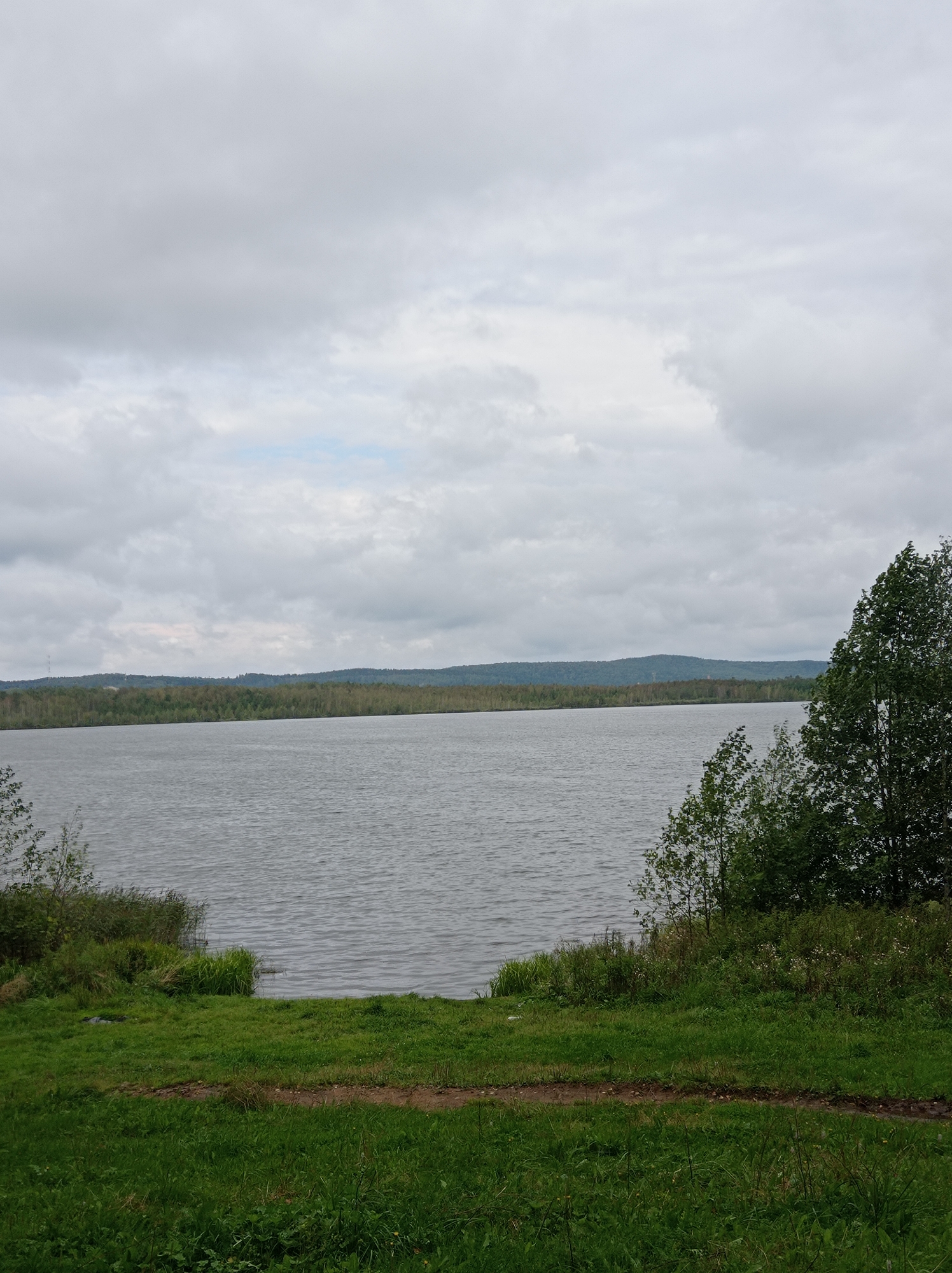 An overcast day at a lake in Degtyarsk, Russia. The image shows a wide expanse of gray, choppy water in the foreground, reflecting the cloudy sky. The far bank of the lake is lined with a dense, dark green forest that stretches across a low, undulating horizon. On the right side of the frame, several trees with full green foliage are visible, encroaching slightly on the water's edge. The immediate foreground features a grassy bank, uneven and covered with green grass and some taller weeds. A narrow, dirt path or track runs horizontally across the grass, appearing slightly damp or muddy in places. The sky is filled with heavy, gray clouds, obscuring any direct sunlight. The overall atmosphere is somber and natural, typical of a cloudy day in a forested lakeside environment.