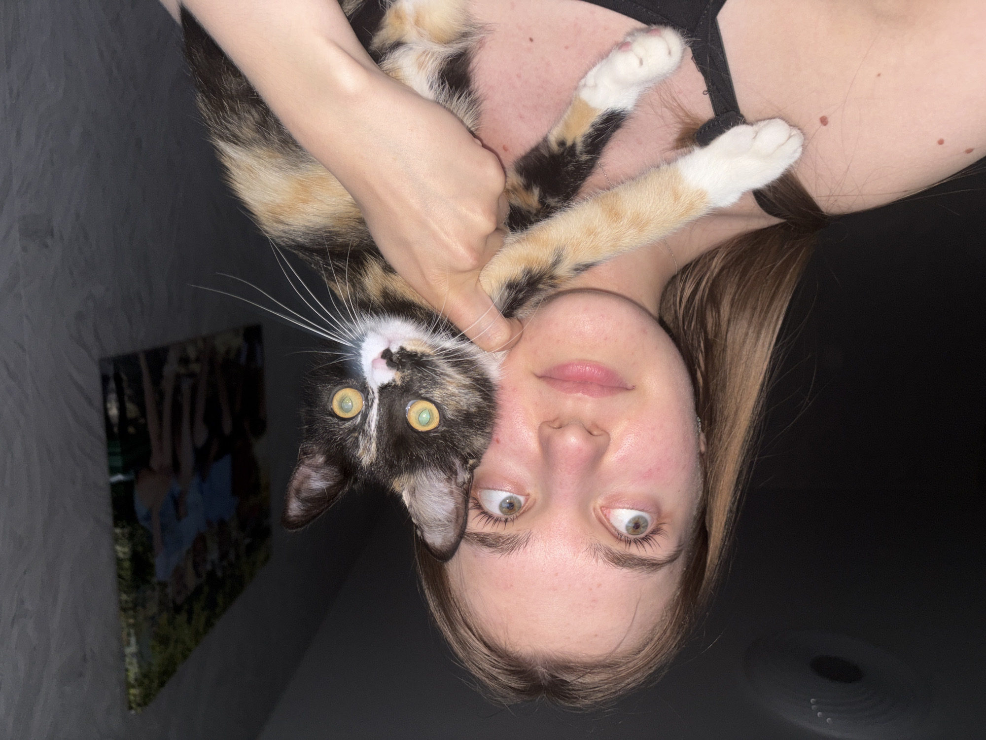 A young woman with blonde hair is holding a tortoiseshell cat. She is looking upwards and to the left, her expression neutral. The cat is held in her arms, facing forward, with its eyes wide open. The background is dark, with a ceiling light visible at the top left and a framed picture on the wall to the right. The location is identified as the city of Perm, Russia, specifically in the Prikamsky district.