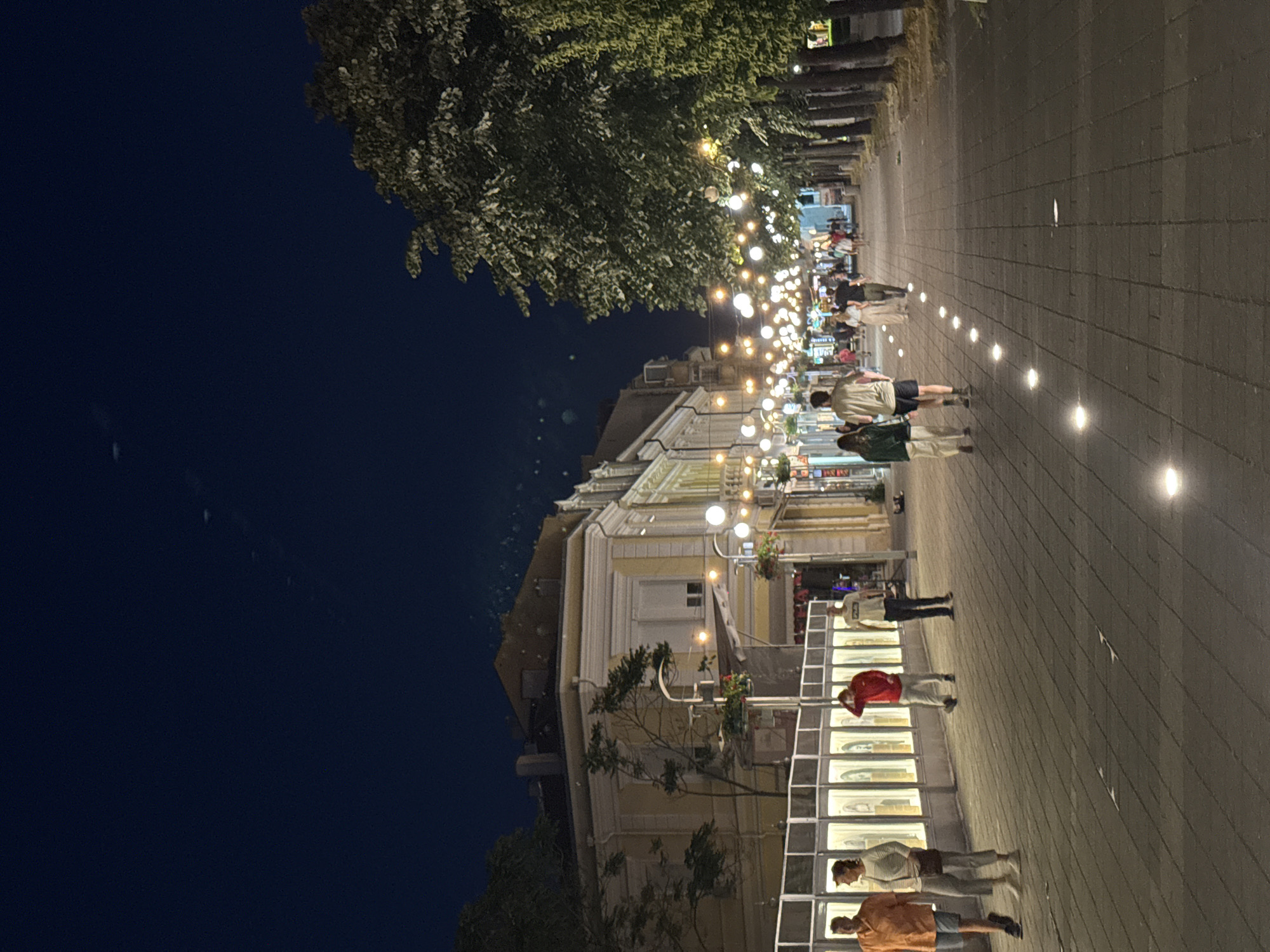 The image depicts a nighttime scene on Boguroditsa Street in Burgas, Bulgaria. The street is illuminated by strings of round lights suspended between buildings and by ground-level spotlights embedded in the paving stones. On the left, a row of buildings with large, brightly lit display windows lines the pedestrian walkway. Several people are visible walking along the street. On the left side of the walkway, a man in an orange shirt and shorts walks with a woman in a striped sweater and grey pants. Further down, a man in a red shirt and grey pants adjusts his hand on his head, and a man in a white t-shirt and dark pants stands facing away from the camera. On the right side of the walkway, a dense line of trees with lush green foliage casts shadows. More people are seen walking further down the street, some in pairs and groups. The overall atmosphere is one of a lively, illuminated urban pedestrian area at night.