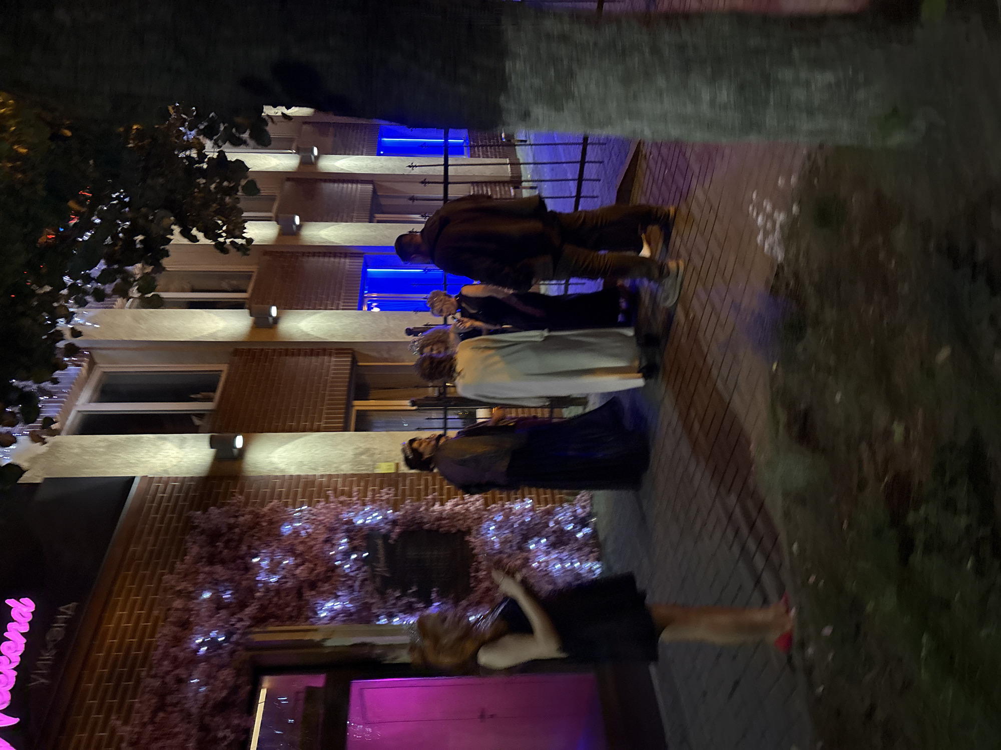 This nighttime image, set in Kaliningrad, Russia, captures an outdoor scene along a paved sidewalk next to a building. Several people are visible, indicating a social setting.
In the foreground, on the right, a woman with light-colored hair, wearing a dark dress or top, stands with her back to the camera, with a flash of red footwear visible on her foot. To her left, a bright pink, rectangular illuminated object or sign is prominent. Further back, another person in a dark jacket and head covering stands near a person wearing a long, light-colored coat or dress. In the middle ground, a man in a dark jacket, pants, and cap is seen from behind, walking towards the right, past a large tree trunk. Two other individuals are partially obscured behind him.
The backdrop consists of a multi-story building featuring brick accents and several windows, some of which glow with bright blue internal lighting. White wall-mounted lights illuminate portions of the building's facade. A dark metal fence runs along part of the building's base. Decorative foliage, likely bushes or small trees, are adorned with numerous sparkling pink and purple string lights, adding to the festive evening atmosphere. The ground is a paved surface, resembling bricks or cobblestones.
Visible text on a dark sign on the building's left side reads "Weekend" (partially seen as "eekend") and "УИкенд," which is the Cyrillic spelling for "Weekend." The scene suggests an evening outside a lively venue such as a bar or club.