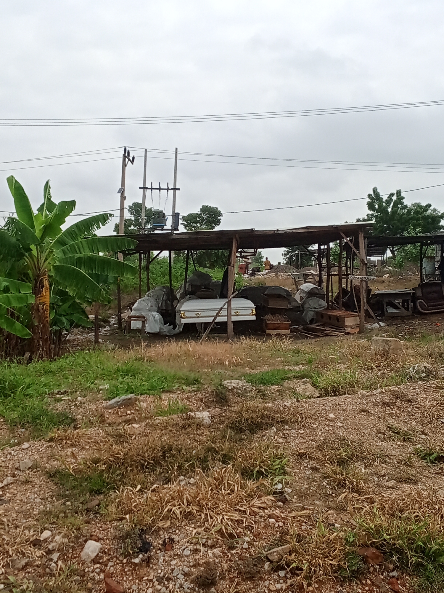 This image depicts an outdoor scene in Zango-ndaji, Nigeria, featuring a rustic structure with a wooden roof supported by poles, creating an open-air workshop or storage area. A prominent white coffin, adorned with gold trim, is situated inside the structure, covered partially by a white tarp. Next to the coffin, several other coffins are visible, some also covered in tarps, and others appear to be made of wood and metal. Scattered around are various materials, including sacks, pieces of wood, and what appear to be building materials. A person wearing a light-colored shirt and trousers is seen in the background, near a pile of rubble and more structures. To the left of the main structure, a large banana tree with broad green leaves stands tall. The surrounding environment is characterized by dry, sparse vegetation and a rocky, uneven ground. Overhead, power lines and a utility pole with electrical equipment are visible against a cloudy sky.