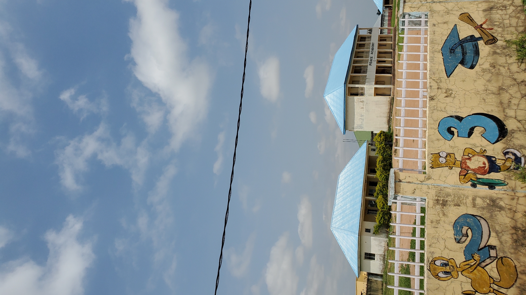 The image depicts the exterior of "Peace Academy" located in Jalingo, Nigeria. Two school buildings with light blue roofs are visible. The building on the right, a two-story structure, has "PEACE ACADEMY" written on its facade. A white fence runs in front of both buildings. The foreground features a yellow wall adorned with murals of cartoon characters, including Tweety Bird and Bart Simpson, along with large numbers "2" and "3," and a graduation cap and scroll. The sky is blue with scattered white clouds, and a black power line stretches across the upper portion of the image. The environment appears to be an outdoor educational setting.