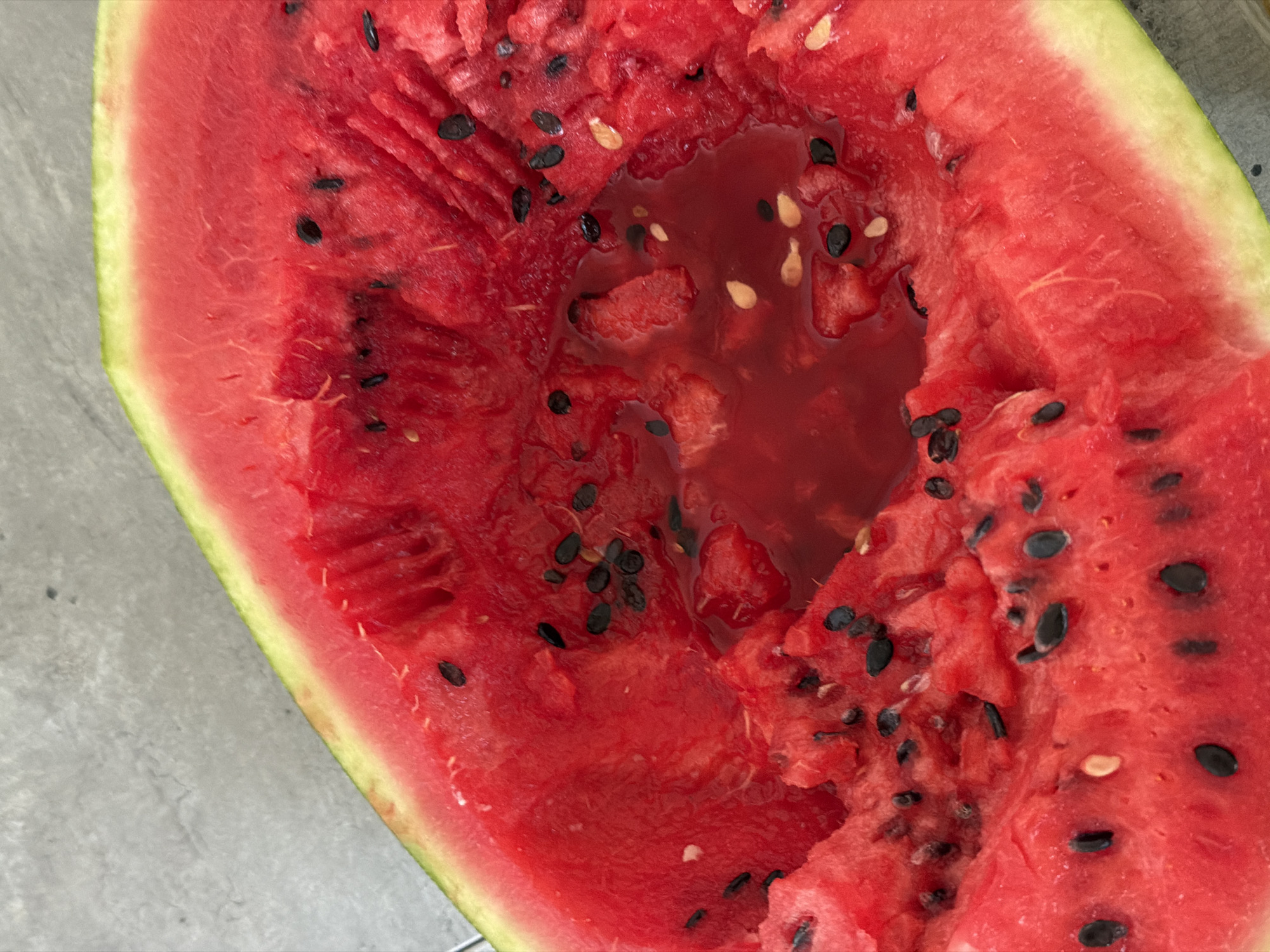 The image shows a close-up of a partially eaten watermelon resting on a grey, textured surface. The watermelon is cut open, revealing its vibrant red flesh and black seeds. Some of the flesh has been scooped out, creating a hollow in the center where a pool of watermelon juice has collected. The rind, a mix of green and yellow, is visible along the outer edge. The lighting is bright, highlighting the texture of the fruit and the surface it rests on. There is no indication of the location being in Maykop, Russia, nor any people, actions, or interactions.
