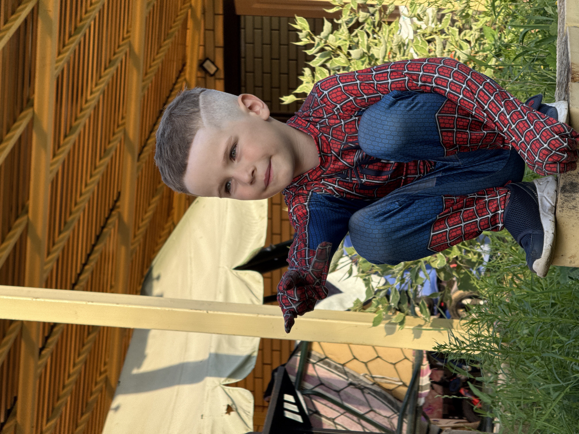 A young boy, dressed as Spider-Man, is crouching outdoors in what appears to be a backyard in the city of Garevaya, Russia. He is wearing a full Spider-Man costume, complete with mask, gloves, and suit. The boy is looking to his left with a slight smile, and his left arm is extended, with his index finger pointing. Behind him, there is a wooden pergola with a corrugated roof, a brick wall, and lush green foliage. Sunlight filters through the pergola, casting shadows. In the background, there is also what looks like an outdoor grill or barbecue. The ground is covered in grass and a rough, uneven surface where the boy is perched.