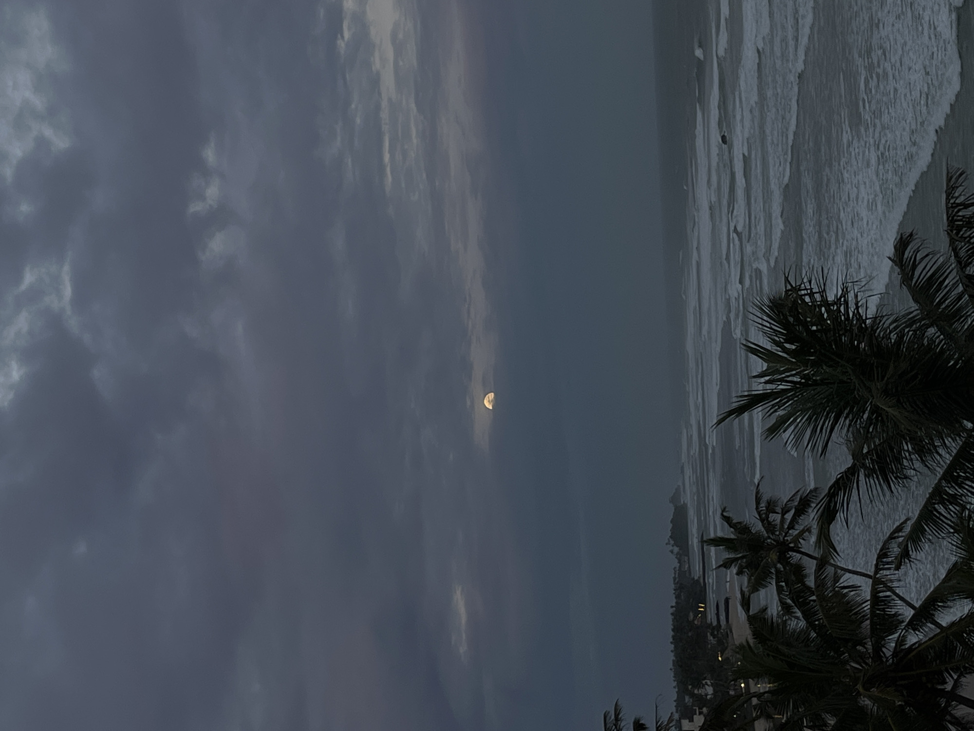 This is a vertical, low-light, wide-angle shot of a beach scene at dusk, with the moon visible in the sky. The sky is filled with dramatic, dark, and moody clouds, with some lighter streaks hinting at breaks in the cloud cover. A sliver of the moon is visible in the upper left quadrant of the image, appearing as a small, glowing disc against the dark sky.
In the mid-ground, the ocean stretches out, with white waves crashing onto a distant shoreline. The water appears turbulent and agitated, suggesting rough seas or strong winds. Beyond the ocean, there is a glimpse of land with buildings and palm trees silhouetted against the dim light.
In the foreground and extending along the right side of the frame are several palm trees. Their fronds are dark and dense, partially obscuring the view of the ocean and the shoreline. The overall impression is one of an approaching storm or the aftermath of one, with the twilight adding to the somber and dramatic atmosphere. The scene evokes a sense of nature's power and the vastness of the sky and sea. The location context of Kathaluwa, Sri Lanka, suggests a tropical coastal environment. There is no visible text in the image.