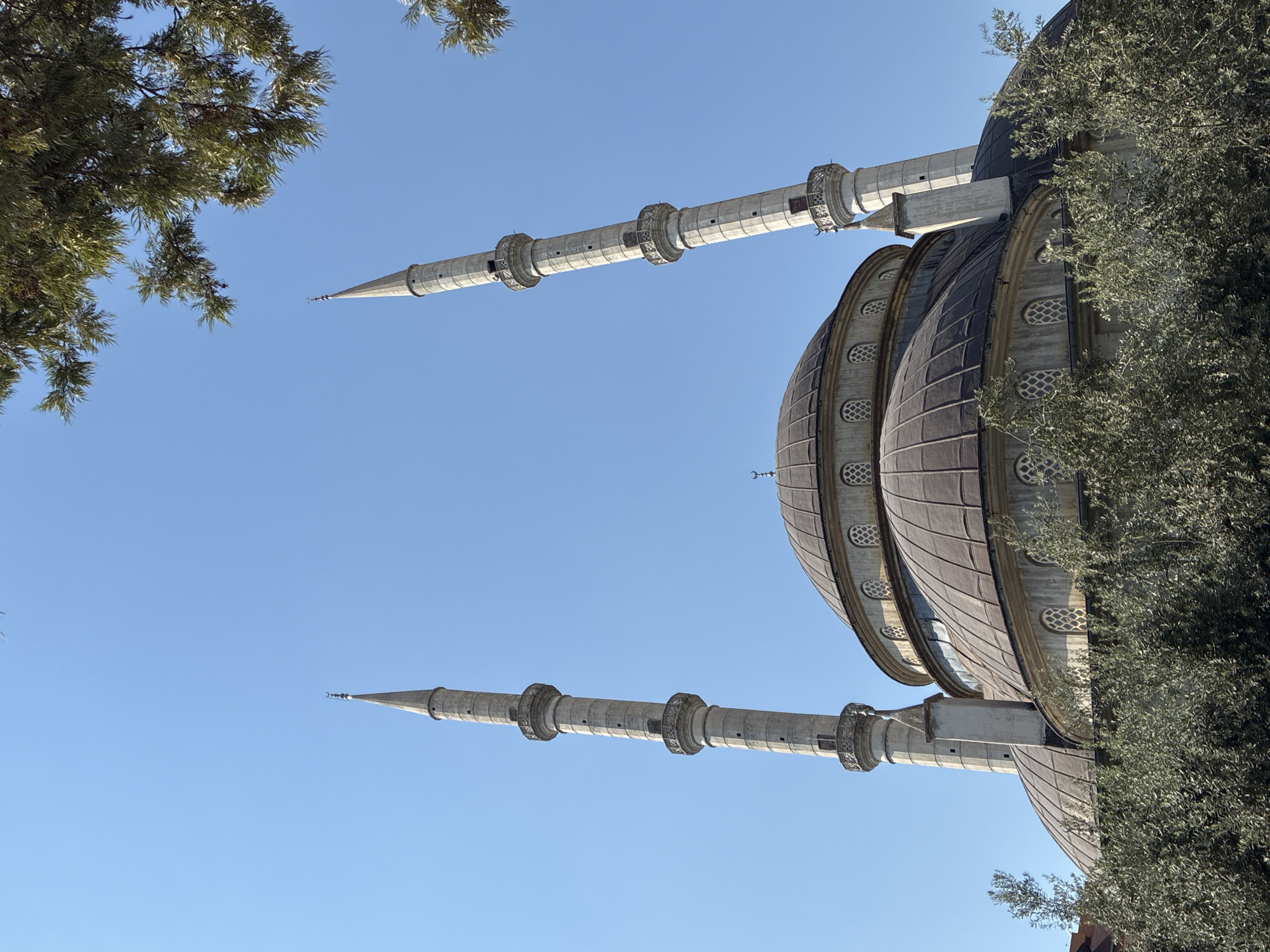 A low-angle shot captures the central dome and two minarets of a mosque against a clear blue sky in Alanya, Turkey. The mosque has a large, dark-colored dome with several arched windows circling its base. Each minaret is tall and slender, constructed of light-colored stone, with multiple balconies and decorative detailing. The top of each minaret culminates in a pointed spire, topped with crescent moons. Lush green foliage, likely trees, partially obscures the lower portions of the mosque and its surrounding grounds. The image is focused on the architectural details of the mosque and the sky, with the trees providing a natural frame.