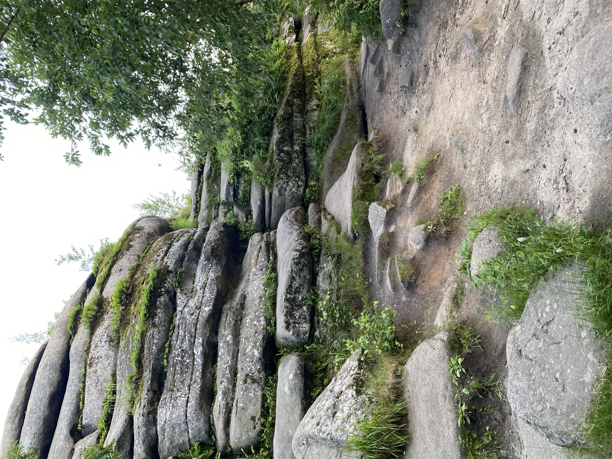 This is a vertical, medium-shot photograph of a rocky, forested area with a worn dirt path. The scene is dominated by large, stacked, weathered grey rocks that are layered and uneven. Small green plants and moss grow in the crevices and on the surfaces of the rocks. The path is sandy and dusty, with scattered small stones and twigs. In the background, dense green foliage from trees and undergrowth obscures much of the environment. The sky is overcast and a pale grey. This appears to be a natural outdoor setting, possibly a park or nature reserve. Without further information, it's impossible to pinpoint the exact location within Yekaterinburg, Russia. There are no people or animals visible in the image. The lighting is diffused, suggesting it may be a cloudy day.