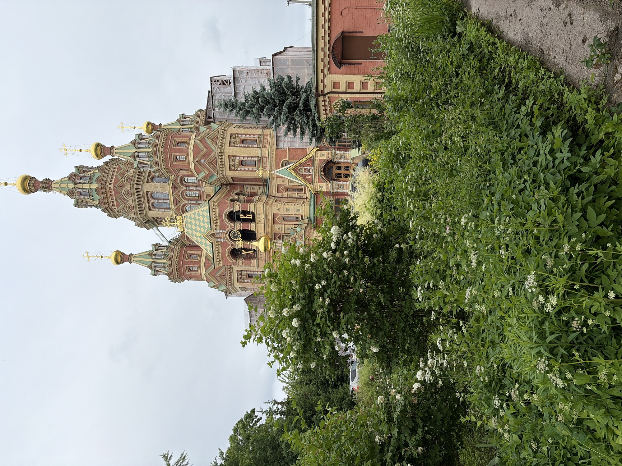 A grand, ornate cathedral with multiple gilded domes and red and gold facade stands partially obscured by lush green foliage. The cathedral has intricate architectural details, including arched windows and decorative carvings. Scaffolding and construction materials are visible on the right side of the building, suggesting ongoing renovation or expansion. In the foreground, dense green bushes and small white flowers create a natural barrier. A concrete path runs along the right edge of the frame, leading away from the viewer. The sky is overcast and a light gray. A silver car is partially visible behind the bushes on the left.