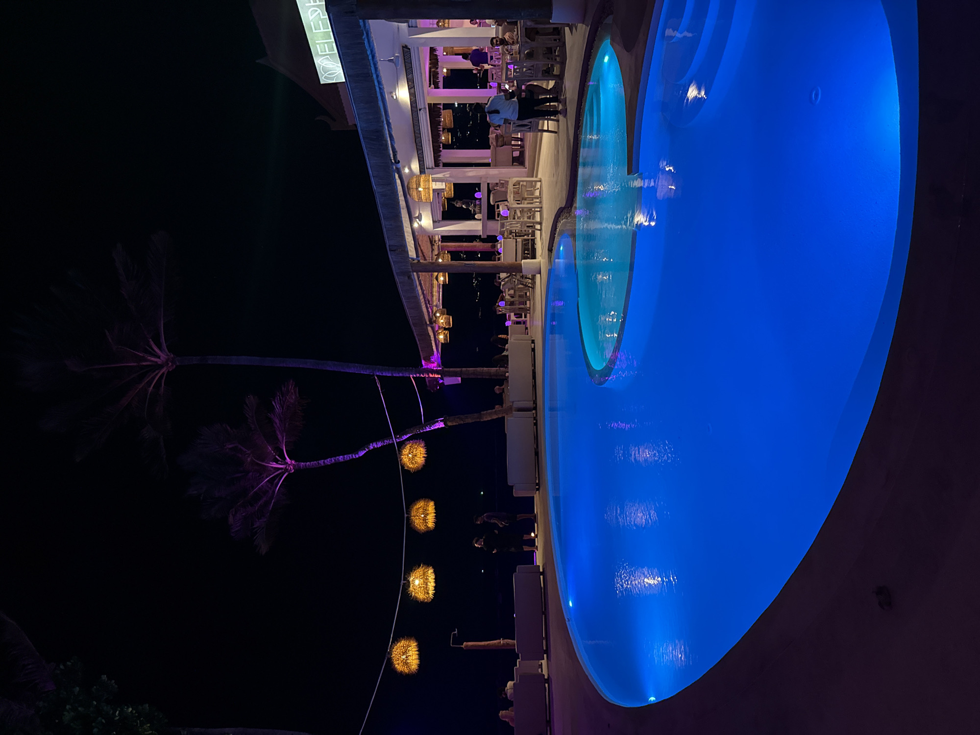 This is a vibrant nighttime photograph of a resort, restaurant, or bar in a tropical setting, likely บ้านบางรักษ์, Thailand. On the right, a large, irregularly shaped swimming pool glows with brilliant blue underwater lighting, casting reflections on its surface. A smaller, lighter blue section is integrated into the main pool.
To the left of the pool, an open-air building houses a dining or lounge area. It features a roof supported by pillars and is illuminated with warm light fixtures, including hanging wicker-style lamps and small purple accent lights on tables or pillars. Several white tables and chairs are arranged within, occupied by a few patrons and staff. One person, possibly a waiter in a light-colored uniform, is visible inside the establishment.
On the far left, several tall palm trees are silhouetted against the dark night sky, their fronds subtly lit with a purple hue. Between the palm trees and the building, a row of spherical, golden-orange decorative lanterns hangs, adding to the festive atmosphere.
A neon sign on the building's facade displays green lettering; the characters "ELEPH" and a subsequent "E" are discernible, likely forming part of a word such as "ELEPHANT," accompanied by a leaf or flower logo. The scene conveys a relaxed and inviting evening ambiance in a luxurious tropical location.