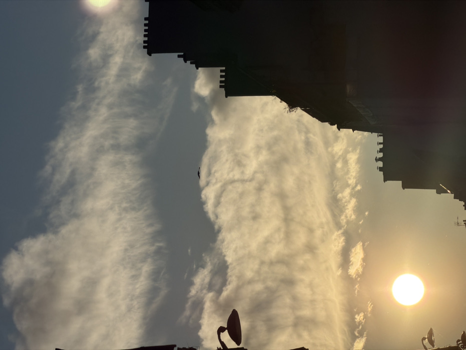 A low-angle shot looking skyward features a silhouette of a building's edge, a bright sun, and wispy clouds. The sky transitions from a lighter hue to a warmer, golden tone as it nears the sun. A solitary bird can be seen flying across the sky. The angle gives a towering impression of the building against the vast sky.