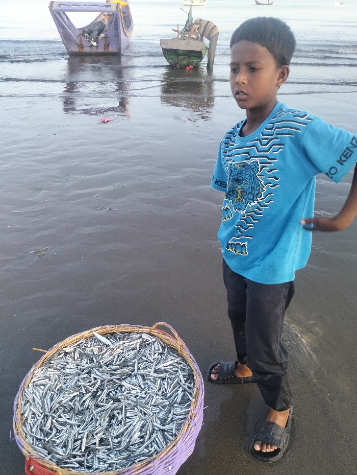 A young boy stands on a dark sand beach beside a basket overflowing with small silver fish. He wears a blue graphic tee, dark pants, and sandals. In the background, two fishing boats sit in the water, one with a man working on it. The beach appears wet and reflective, mirroring the boats and the sky. The light suggests it's daytime, possibly late afternoon.
