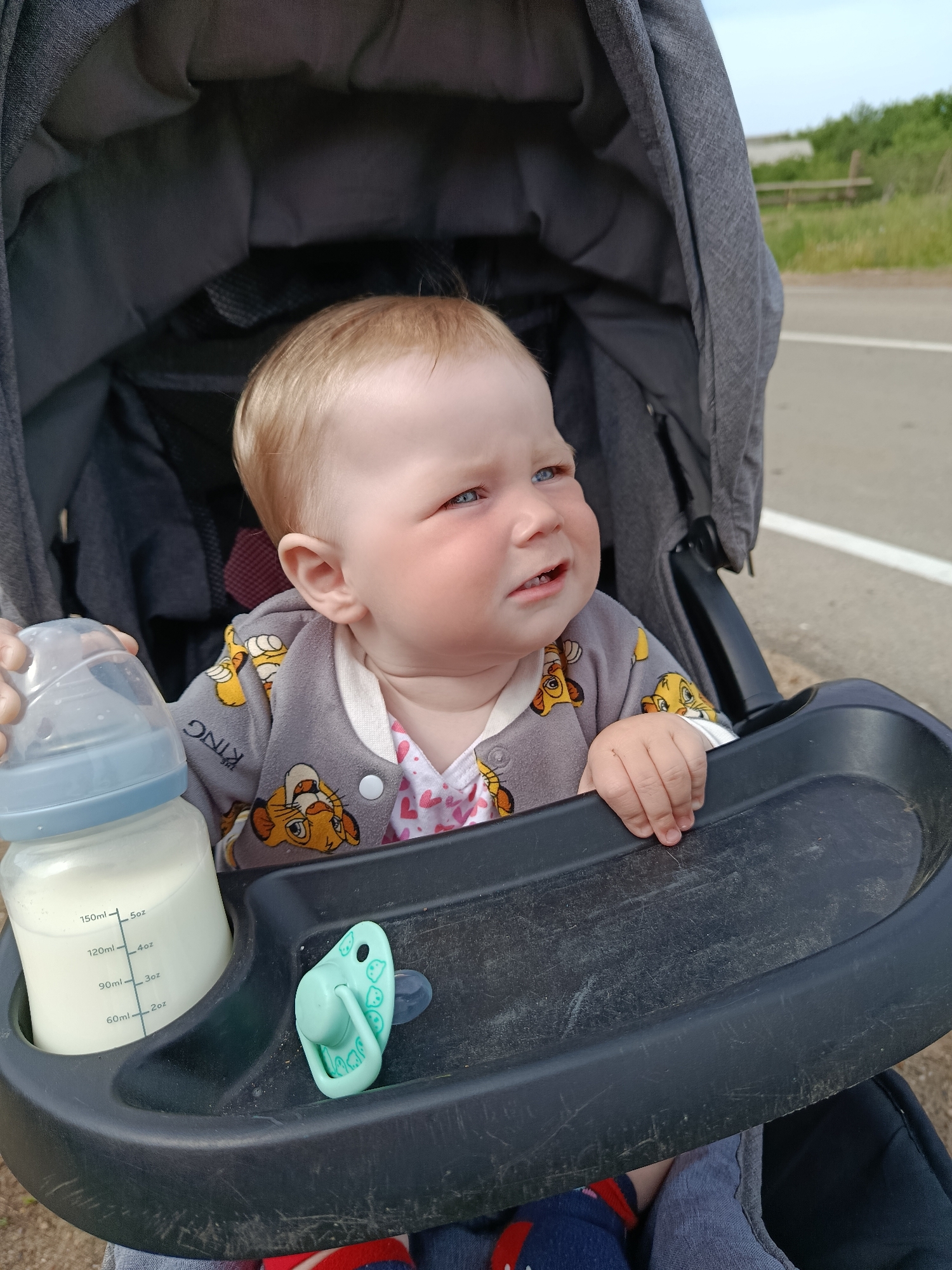 A baby is sitting in a stroller outdoors. The baby has blonde hair and blue eyes, and is wearing a gray Lion King-themed jacket over a heart-patterned shirt. In front of the baby is a black stroller tray containing a baby bottle filled with approximately 120 ml of white liquid, and a green pacifier. The stroller is gray and black. The background includes a road and some greenery. The location is not mentioned in the image.