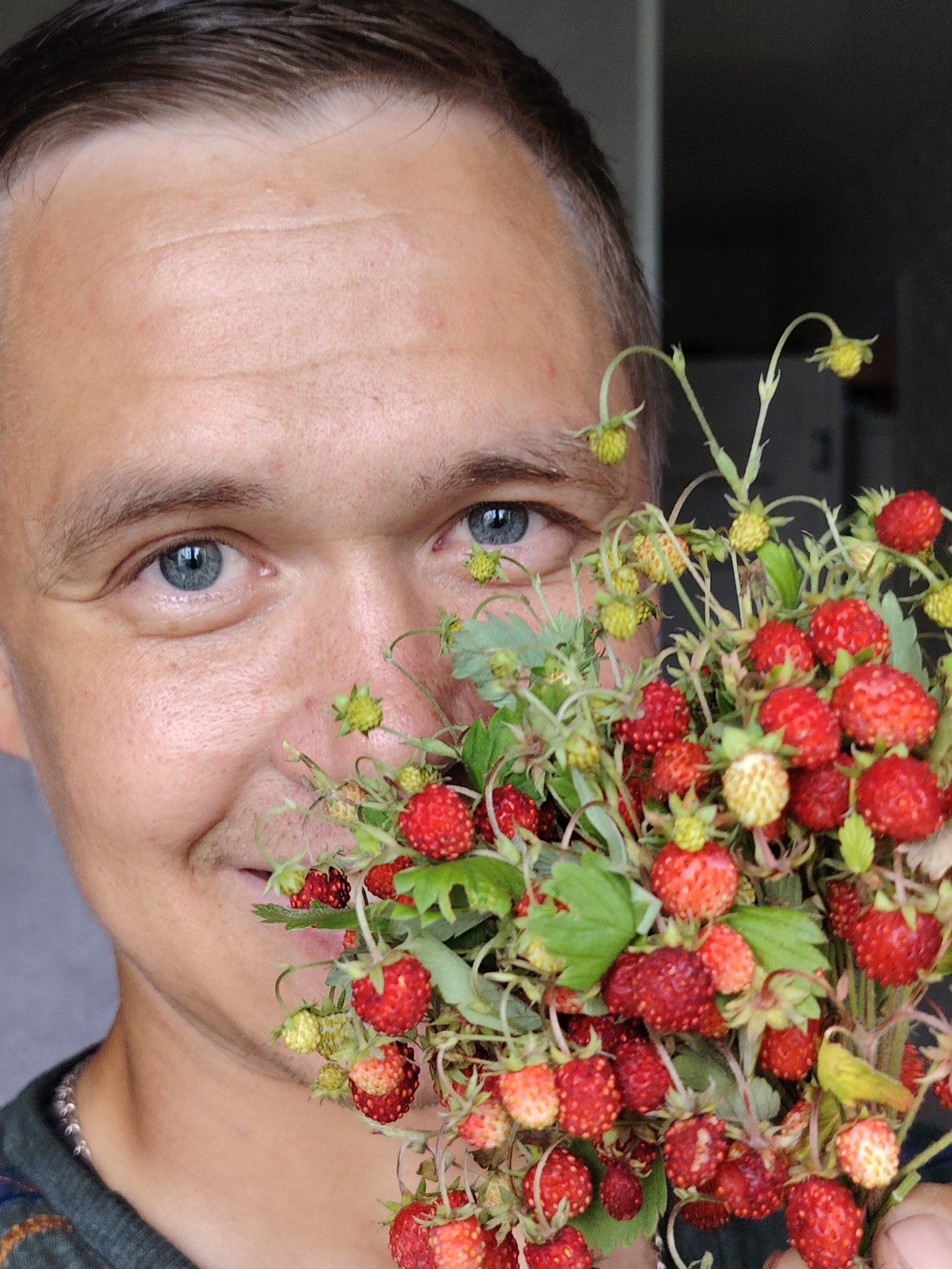 A close-up, high-angle, medium-shot portrait shows the left side of a fair-skinned man's face, from his hairline to his collarbone. He has short, dark brown hair, and light blue eyes. His face is turned slightly to the right, and he is smiling. He is holding a large bunch of wild strawberries in his right hand, which is positioned in front of his mouth and nose. The strawberries are red and green, and many are still unripe. The man is wearing a dark green sweater with a pattern on the collar. The background is dark and out of focus, with a hint of a doorway or window to the right. The image was taken indoors, likely in a residential setting in Chaikovsky, Russia, given the context of the strawberries.