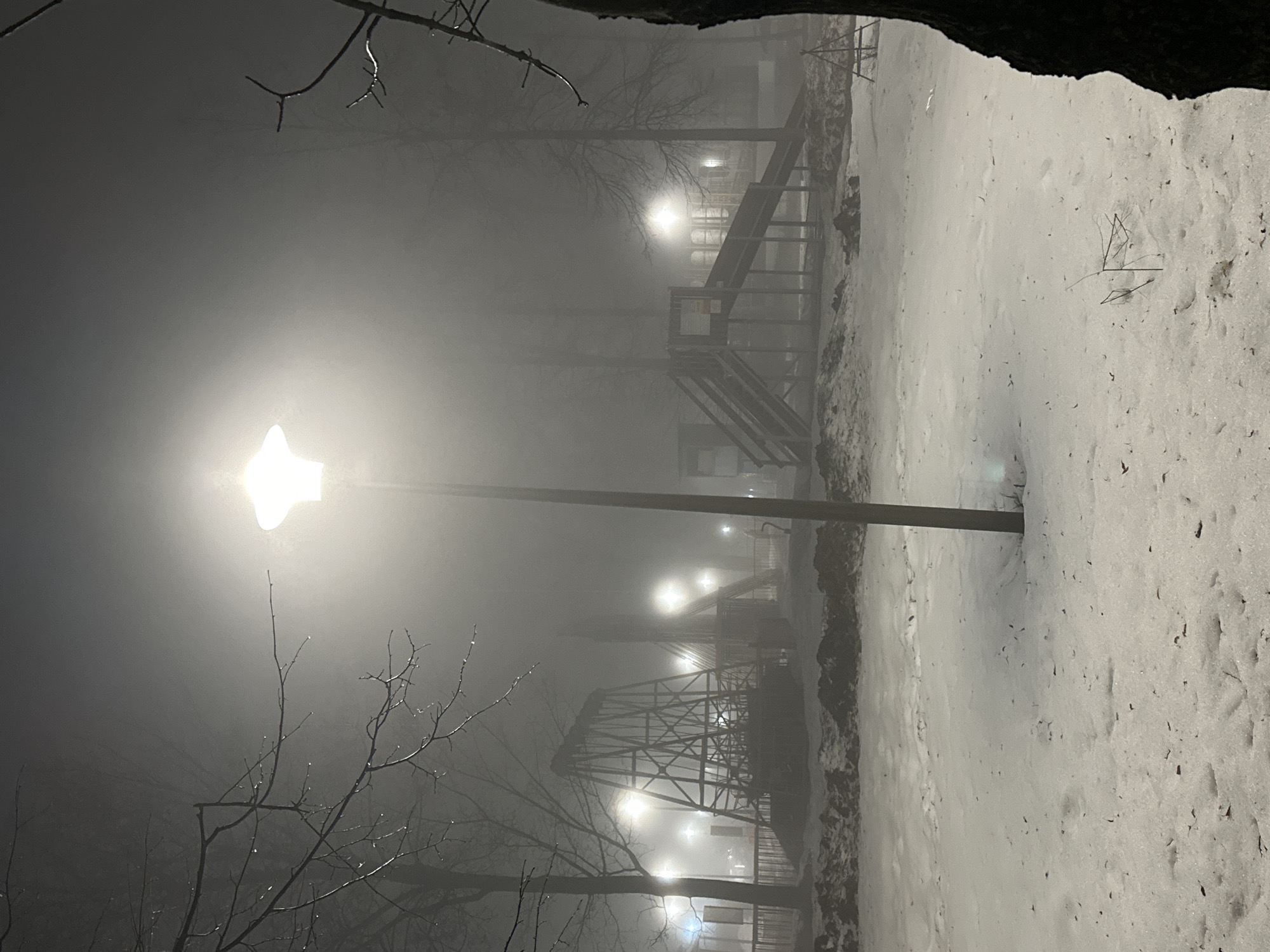 The image shows a snow-covered playground in Sarapul, Russia, at night. A brightly lit lamppost dominates the foreground, casting light through heavy fog. The playground equipment, including slides and climbing structures, is visible in the background, illuminated by other streetlights. Bare tree branches are silhouetted against the fog. The ground is covered in a thick layer of snow with scattered debris. Part of a tree trunk is in the foreground on the right.