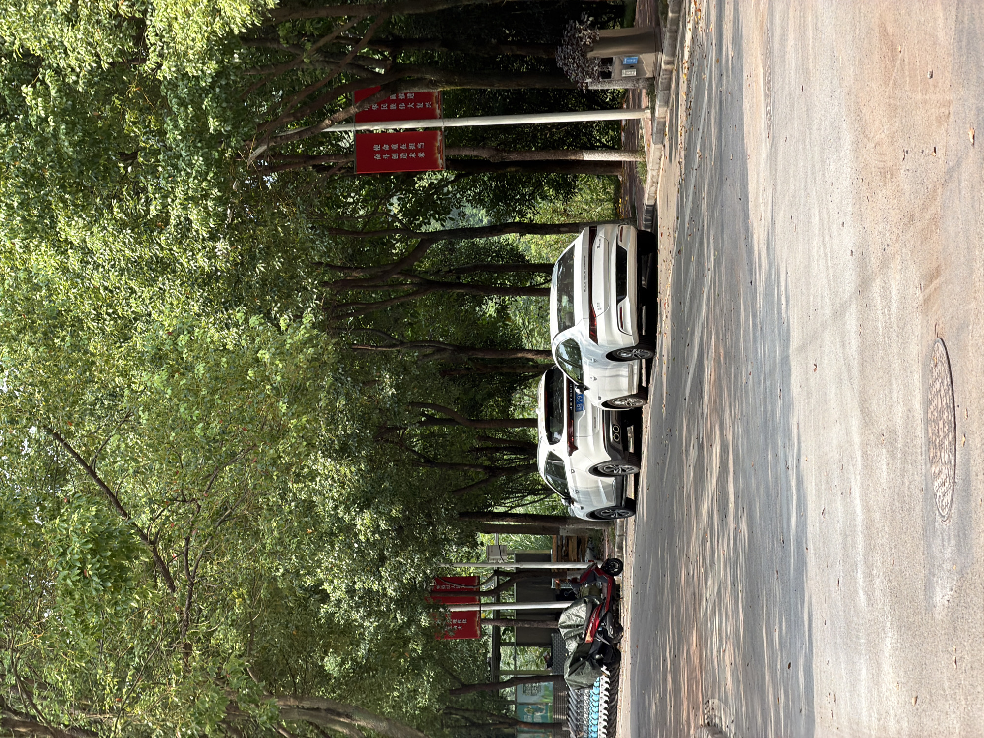 In the city of Jiangjin, China, a street is lined with trees, casting shadows on the asphalt road. Two white cars, a sedan and an SUV, are parked on the right side of the road. To the left, a red scooter and a line of electric scooters are visible. Red banners with Chinese text are displayed on poles along the sidewalk. A trash can sits on the sidewalk near the right edge of the frame. The scene appears to be a quiet street on a sunny day.
