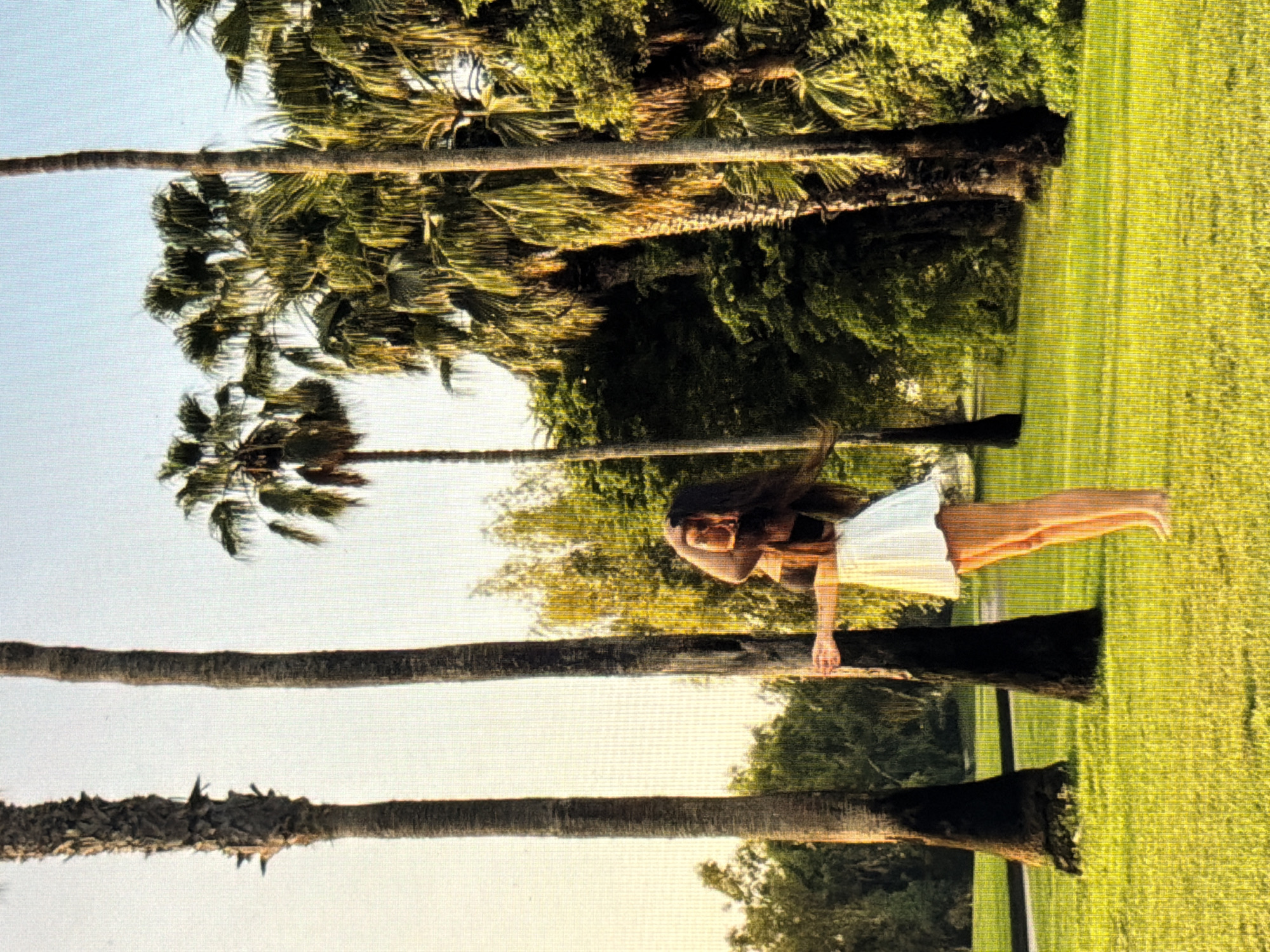 A young woman with long, dark hair stands on a bright green lawn amidst several palm trees. She is wearing a black tank top and a short, white pleated skirt. Her right arm is raised, holding a phone, as if taking a selfie. Her left arm is extended outward, her hand gently touching the trunk of a nearby palm tree. The background consists of lush greenery and other palm trees, suggesting a tropical or sub-tropical environment. The sky is a pale blue. The lighting indicates it is daytime, likely late afternoon or early morning, given the warm glow on the grass and foliage. The image is captured with a noticeable digital artifacting, suggesting it was taken with a lower resolution camera or has been compressed. The specific location in the city of Sirius, Russia, cannot be determined from the visual information provided.