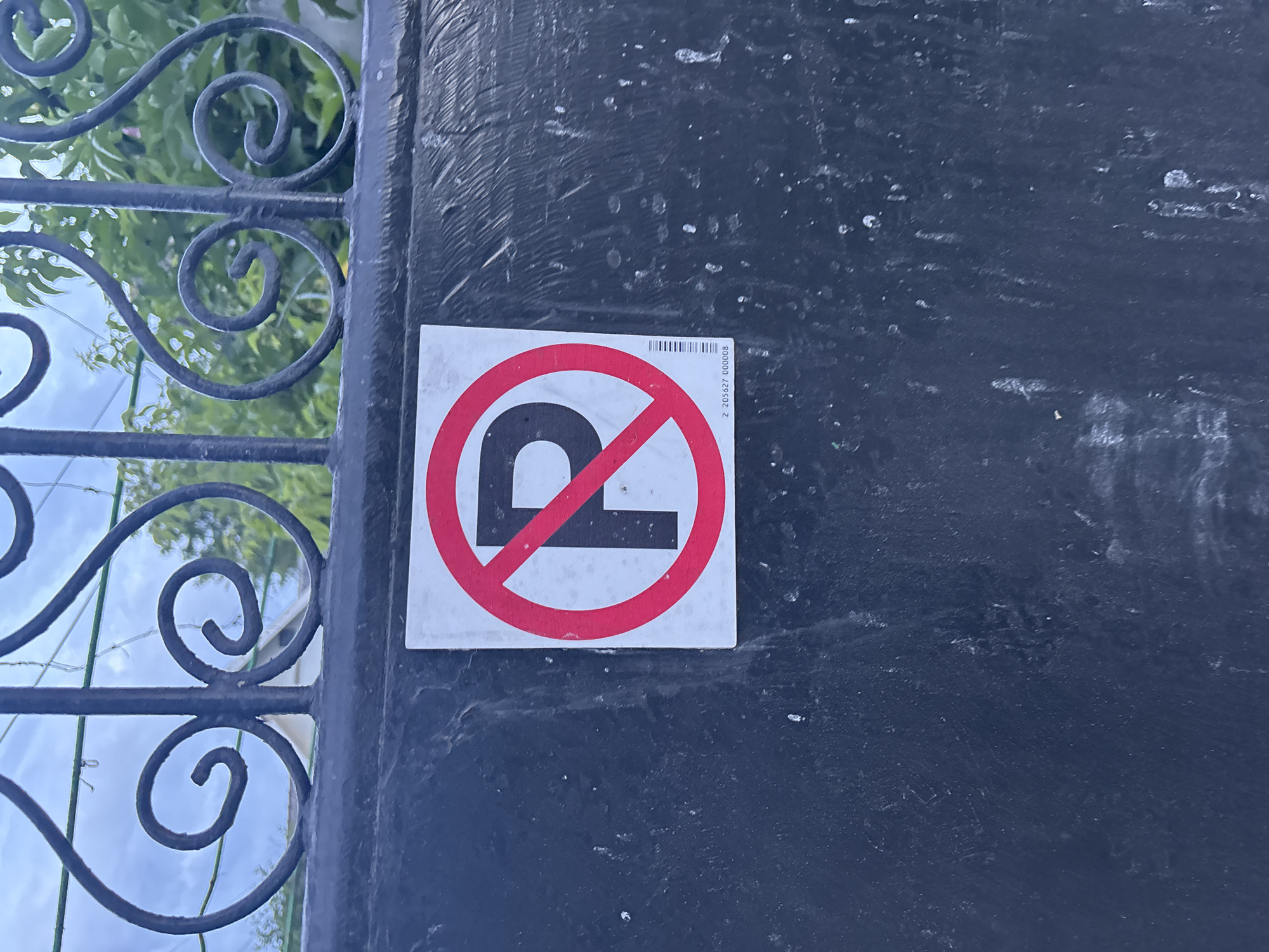 A no parking sign is affixed to a black gate. The sign is circular with a red border and a diagonal red line through a black letter "P". The gate is ornate with black wrought iron scrollwork at the top. In the background, greenery and a cloudy sky are visible. The gate appears to be outdoors.