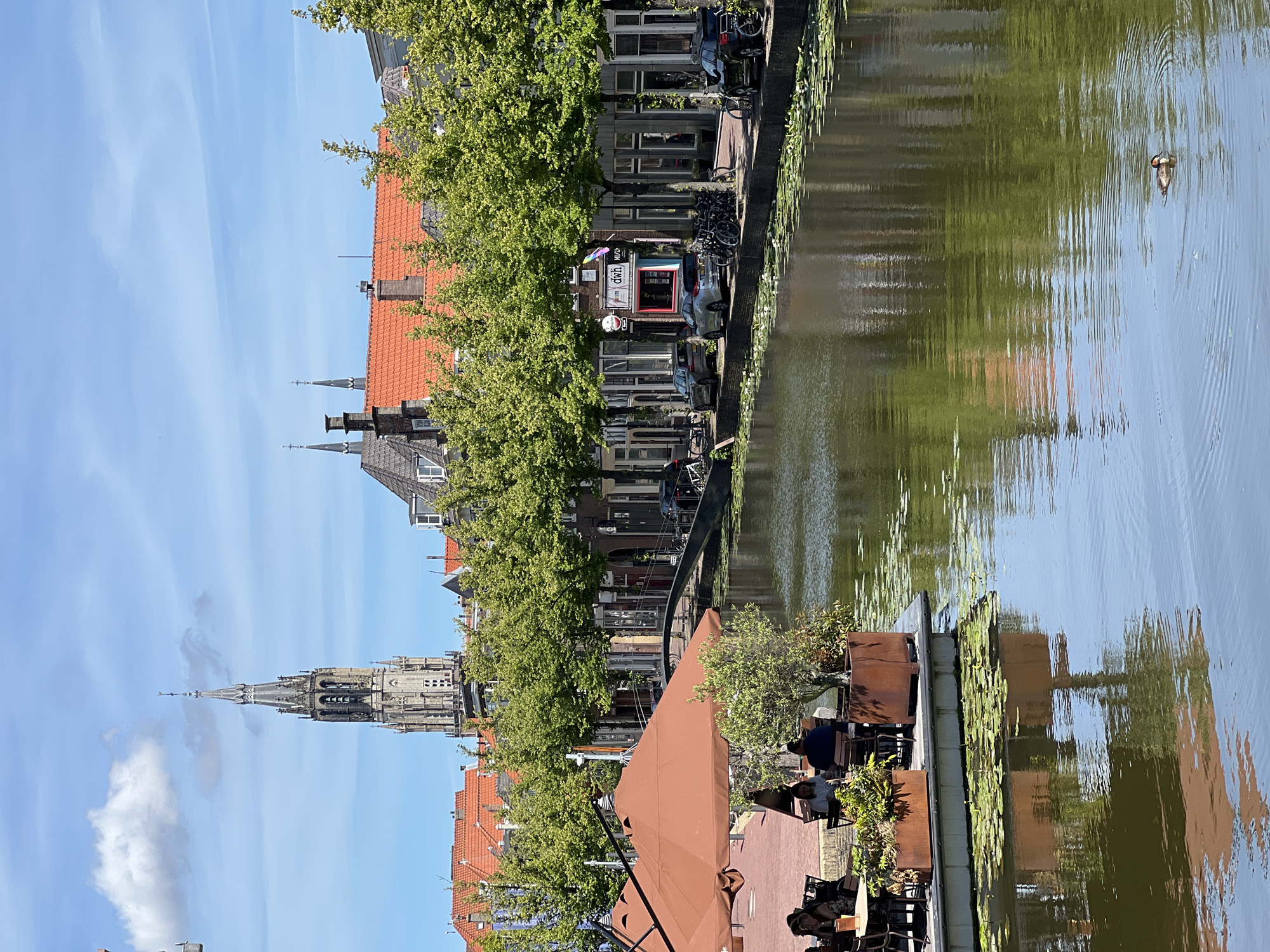 The image depicts a canal-side scene in Delft, Netherlands, on a clear, sunny day with a few scattered clouds. The water of the canal reflects the surrounding buildings and trees. On the left side, an outdoor seating area of a cafe is visible, with patrons seated at tables under a large, brown umbrella. Potted plants and planters add greenery to the scene.
Across the canal, a row of buildings with red-tiled roofs lines the embankment. These buildings appear to be a mix of shops and residences. In the background, a prominent, tall church tower with intricate stonework and a spire dominates the skyline. The tower's gothic architecture suggests it is a historic landmark.
A small arched bridge spans the canal, connecting the two sides. The embankment on the far side of the canal features a sidewalk with parked cars and numerous bicycles, indicating a typical urban setting. Lush green trees with full foliage are planted along the embankment, providing shade and enhancing the picturesque quality of the scene. A lone duck is swimming in the canal, creating ripples on the water's surface. The overall impression is one of a tranquil, European canal town.