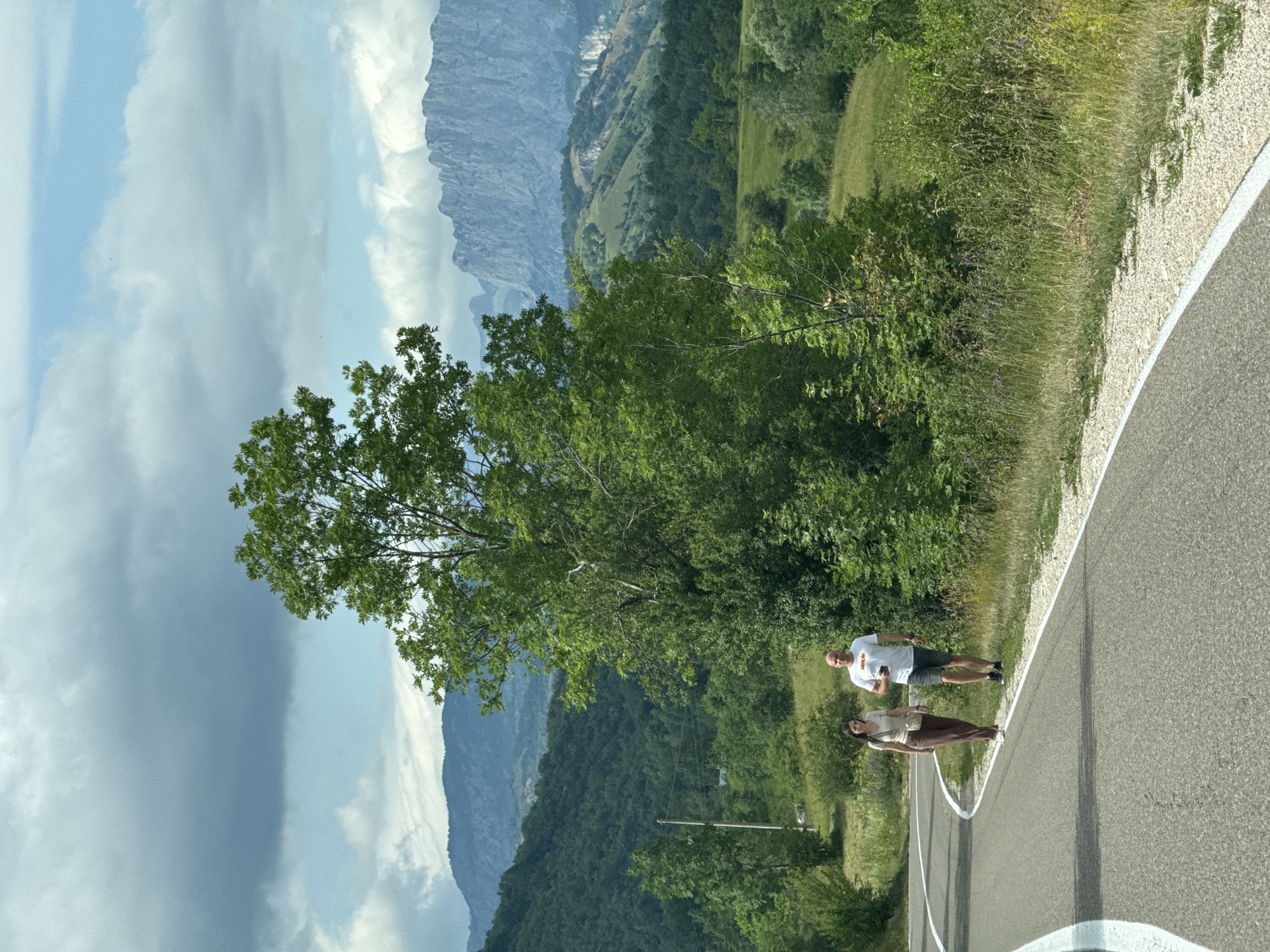 Two people, a man and a woman, are walking on a paved road in a rural area near the city of Šavnik, Montenegro. The man, wearing a white t-shirt and dark shorts, is on the right side of the road, holding a phone in his right hand. The woman, wearing a beige top and brown pants, is on the left side of the road. They are both walking towards the camera. The road has a white line marking the edge. The surrounding environment is lush and green, with rolling hills, dense trees, and a large mountain range in the background under a cloudy sky.