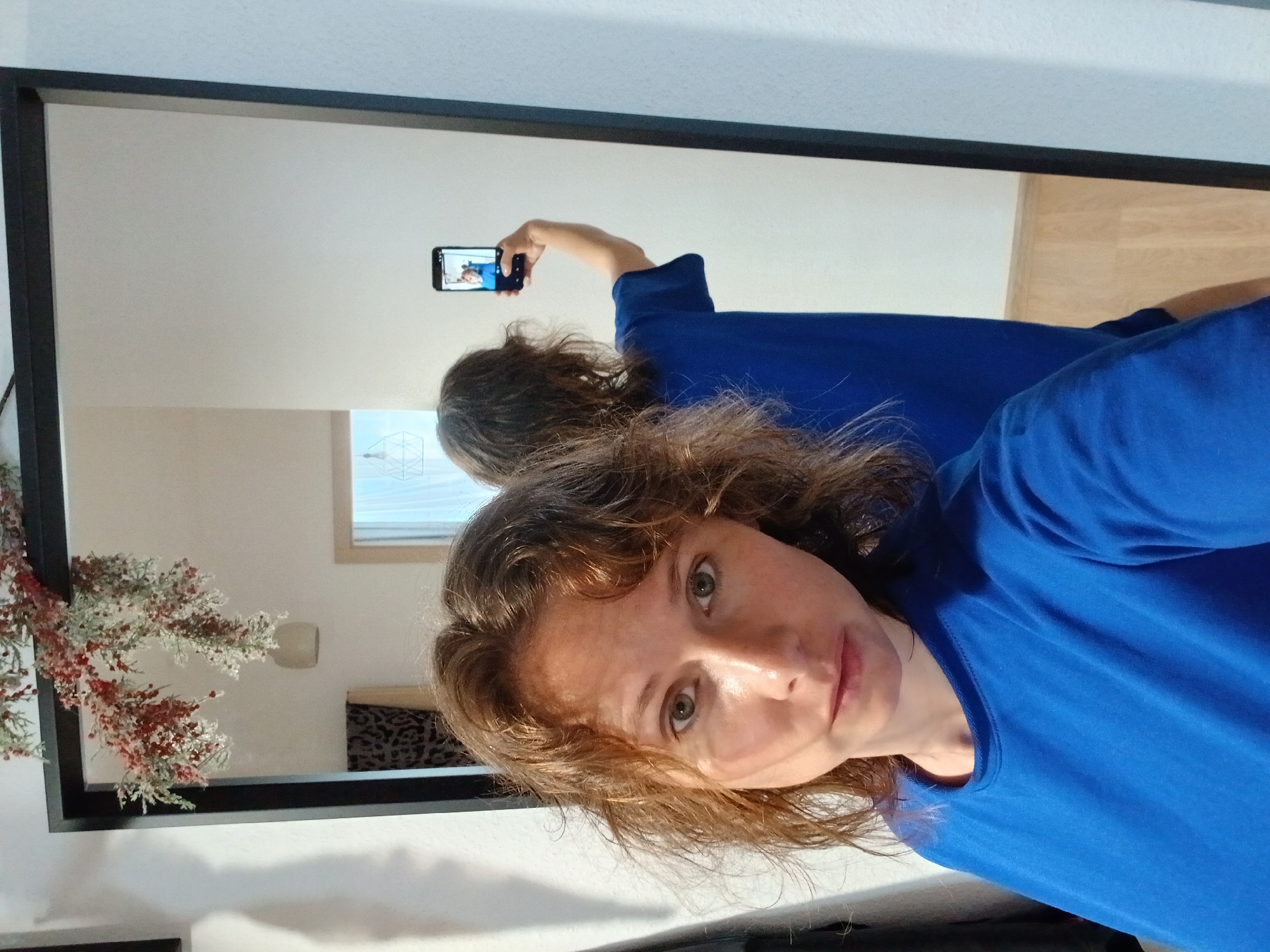A woman with shoulder-length brown hair and green eyes takes a selfie in a large mirror. She is wearing a bright blue long-sleeved shirt. The mirror reflects her, a portion of the room, and a smartphone in her hand. In the reflection, her arm is raised, holding the phone to capture the image. The room appears to be a brightly lit interior, possibly a bedroom or dressing area, with light-colored walls and light wood flooring visible. A decorative sprig with red and white accents is hanging on the left side of the mirror frame. A patterned chair or piece of furniture is visible in the reflection on the right. The overall impression is a casual, everyday moment.