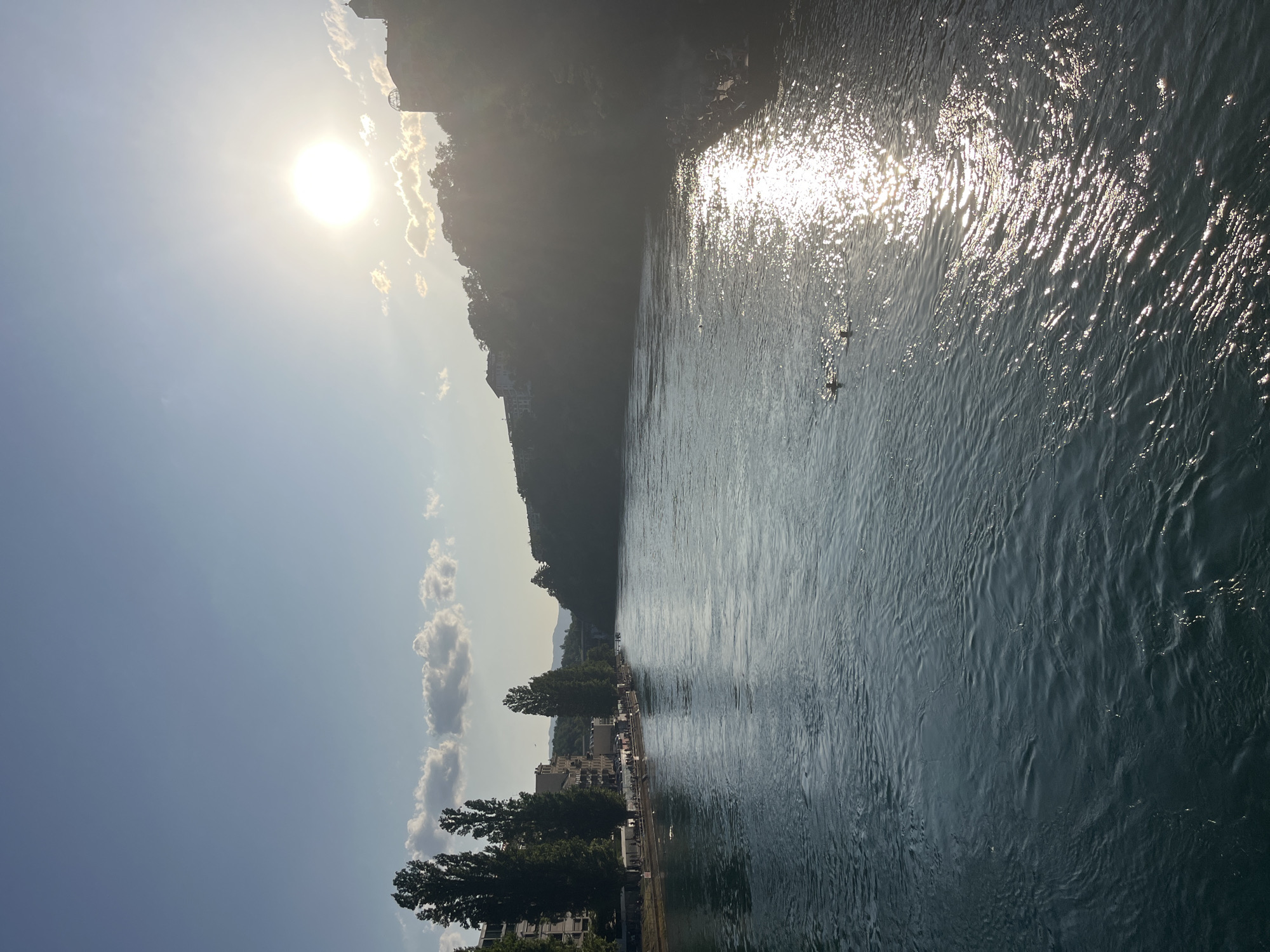 The image depicts a view of the Rhône River in Geneva, Switzerland, on a clear, sunny day. The sun is high in the sky, casting a bright glare on the water and creating a shimmering effect. On the left bank of the river, there are several tall trees, buildings, and a promenade with people walking and sitting. On the right bank, a tree-covered hill rises steeply, with some buildings visible at the top. The river itself is wide and flows steadily, with several small figures visible swimming in the distance. The overall scene is tranquil and picturesque, capturing the beauty of Geneva on a summer day.