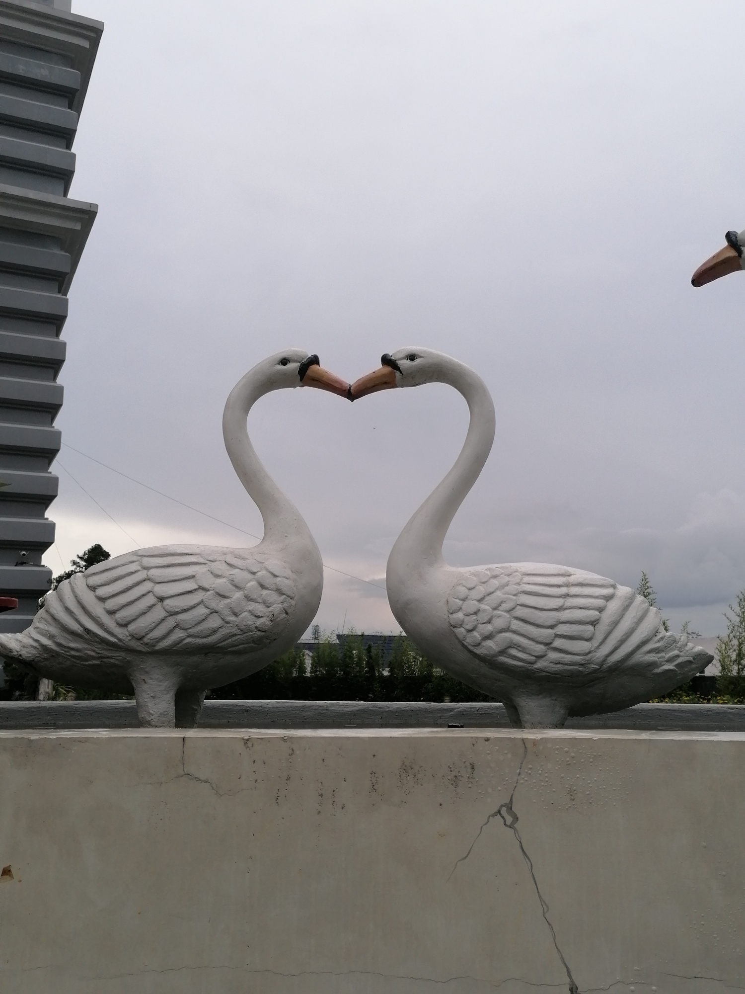 This image captures a sculpture of two white swans with their necks intertwined to form a heart shape. Their beaks touch at the point of the heart. The swans are positioned on a concrete wall, with a textured, grey building on the left and trees in the background under an overcast sky. The sculpture appears to be part of an outdoor art installation or garden. The setting suggests a public space, possibly a park or a decorative area within the city of Da Lat, Vietnam, known for its romantic ambiance and numerous floral gardens and statues.