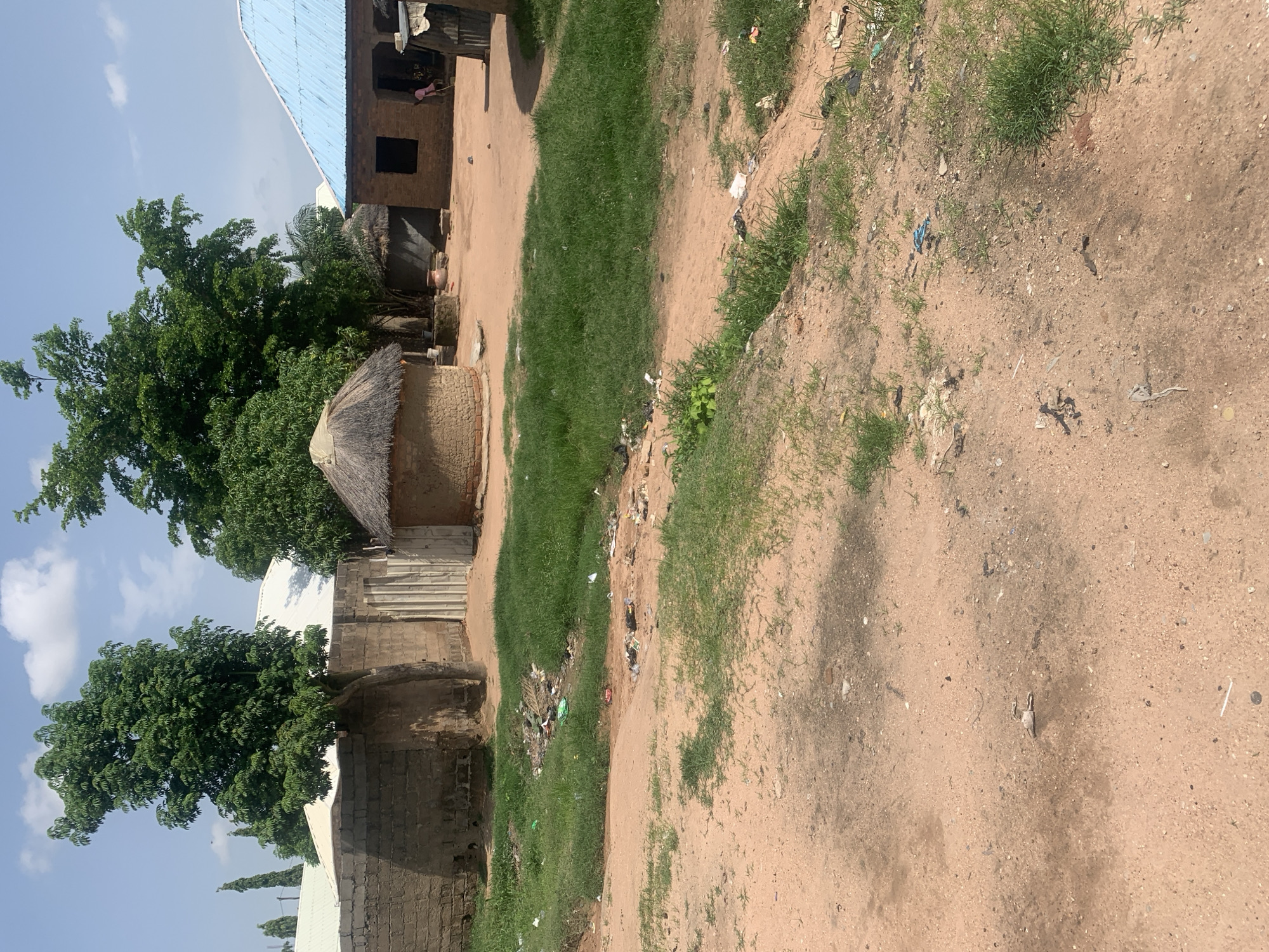 The image depicts a scene in Jalingo, Nigeria, likely a residential area characterized by a mix of traditional and modern housing. In the foreground, a dirt path dominates the view, with patches of dry grass and scattered debris. Beyond the path, a small grassy area contains visible litter, including plastic bags and wrappers.
To the left, a section of a concrete block wall runs horizontally, with a large tree growing from behind it, its branches laden with green leaves reaching towards a partly cloudy blue sky. Adjacent to the wall is a small, circular, mud-brick structure topped with a thatched roof, resembling a traditional dwelling or storage. To the right of this structure, a section of a building with a blue corrugated metal roof is visible. This building appears to be constructed of brick and has dark, rectangular window openings. A person, possibly a child, is partially visible near the entrance of this building, wearing pink attire. Further to the right, another small structure with a thatched roof is partially obscured by the building with the blue roof. The ground throughout the scene is predominantly sandy or dusty earth.