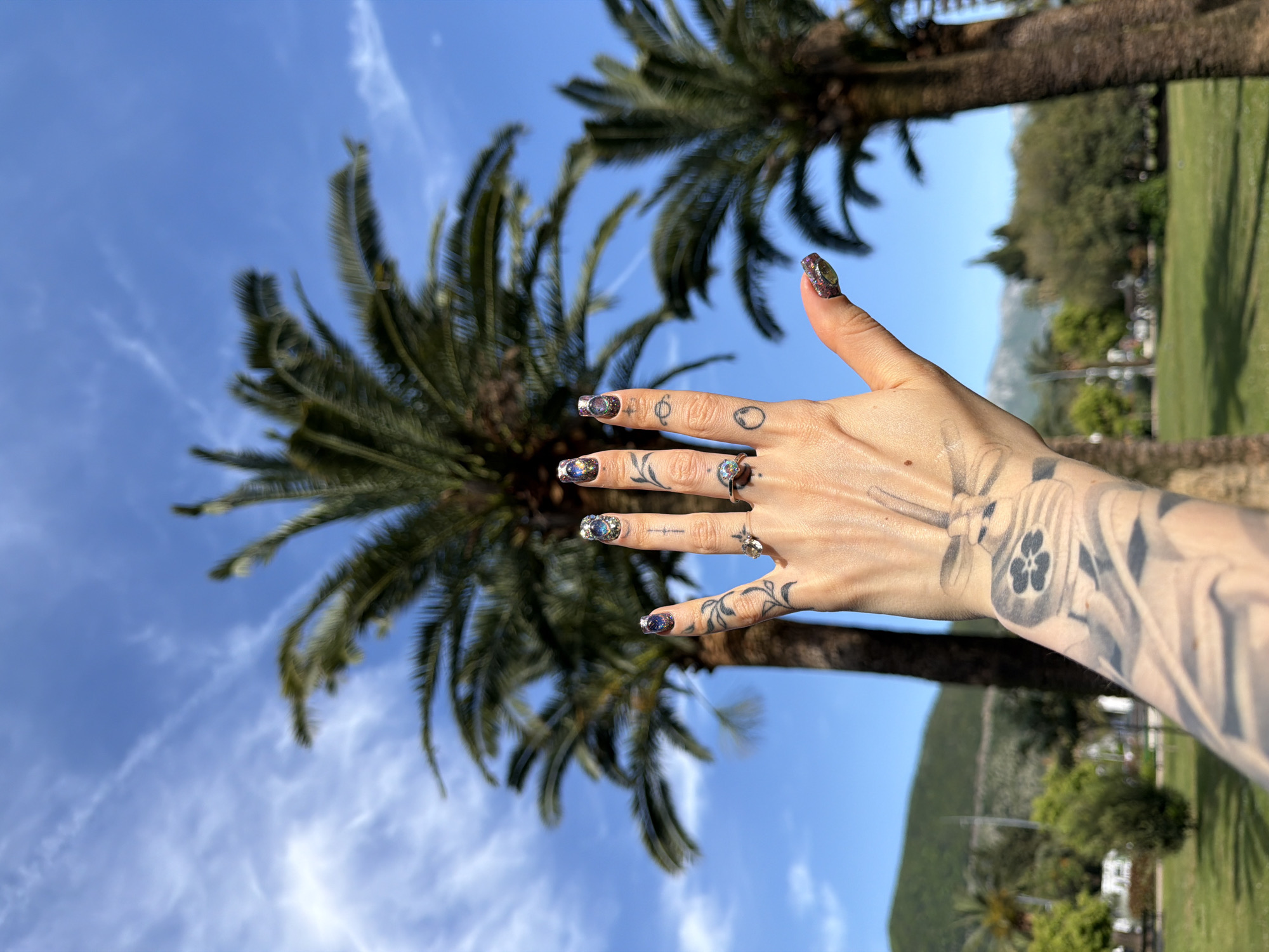 A close-up, rotated outdoor shot prominently features a person's right hand and tattooed forearm against a bright blue sky, partially obscured by two large palm trees. The background also reveals distant green mountains and lush foliage, indicating a sunny, warm climate, consistent with Budva, Montenegro.
The hand is extended upwards and slightly towards the viewer, showcasing long, coffin or almond-shaped nails adorned with elaborate, shimmering, multi-colored nail polish that reflects various hues, possibly resembling a galaxy or aurora effect, with embedded glitter or small gems. Several rings are worn: a metallic ring with a dark setting on the middle finger, a thin gold-toned band on the ring finger, and a simple gold-toned band on the pinky finger.
The hand and forearm are heavily tattooed. Visible tattoos include a circular symbol on the back of the index finger, a stylized leafy design on the middle finger, and a small circular motif on the ring finger. The forearm features a larger, detailed black and grey tattoo depicting mechanical components, including a propeller and gears, with one gear containing a clover-like design. The bright daylight creates clear shadows and highlights. No visible text is present in the image.