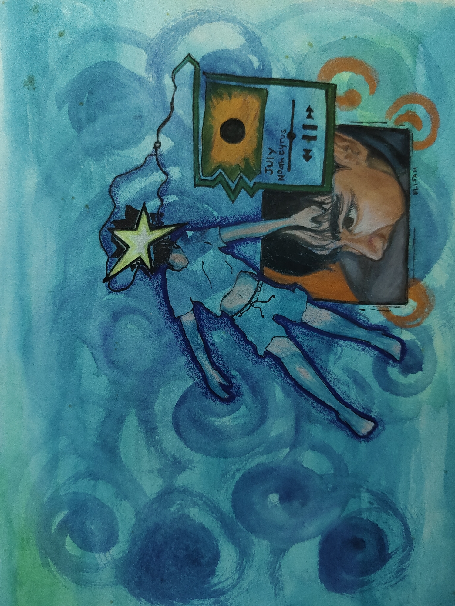 This abstract watercolor painting, contextually situated in Davao City, Philippines, features a dominant palette of blue and teal washes, creating a textured and swirling background.
In the mid-left, a stylized, slender human-like figure is depicted with outstretched limbs, as if floating or dancing. Its head is replaced by a prominent bright yellow five-pointed star with a dark outline. The figure wears simple light blue clothing, including a shirt and shorts or a skirt. A thin black line, resembling a cable, extends from the star-head upwards towards a rectangular object in the upper center of the image.
This rectangular object functions as a music player interface. It has a greenish-brown frame and is divided into two sections. The left section displays a large dark circle against a yellow-orange background. The right section, on a light blue field, shows the text "July" and "Noah Cyrus," identifying a song and artist. Below the text are vertical playback control symbols, including fast-forward, play/pause, and rewind icons, along with a vertical progress or volume indicator.
To the right of the music player, a dark rectangular frame contains a human face, oriented horizontally on its right side. The visible features include an open eye, a nose, and part of the mouth and chin, rendered in fair skin tones with orange and brown highlights. Dark hair frames the face. Along the right vertical edge of this frame, the faint, vertically oriented text "BLISAH" is visible, possibly a signature. Adjacent to the upper right corner of this framed face, several orange, C-shaped or spiral-like strokes are present.
The background comprises varying shades of blue and teal, with darker blue circular and swirling patterns, particularly in the lower right and around the figure, suggesting an ethereal or aquatic environment. Some small, dark speckles are scattered in the lighter blue areas of the background.