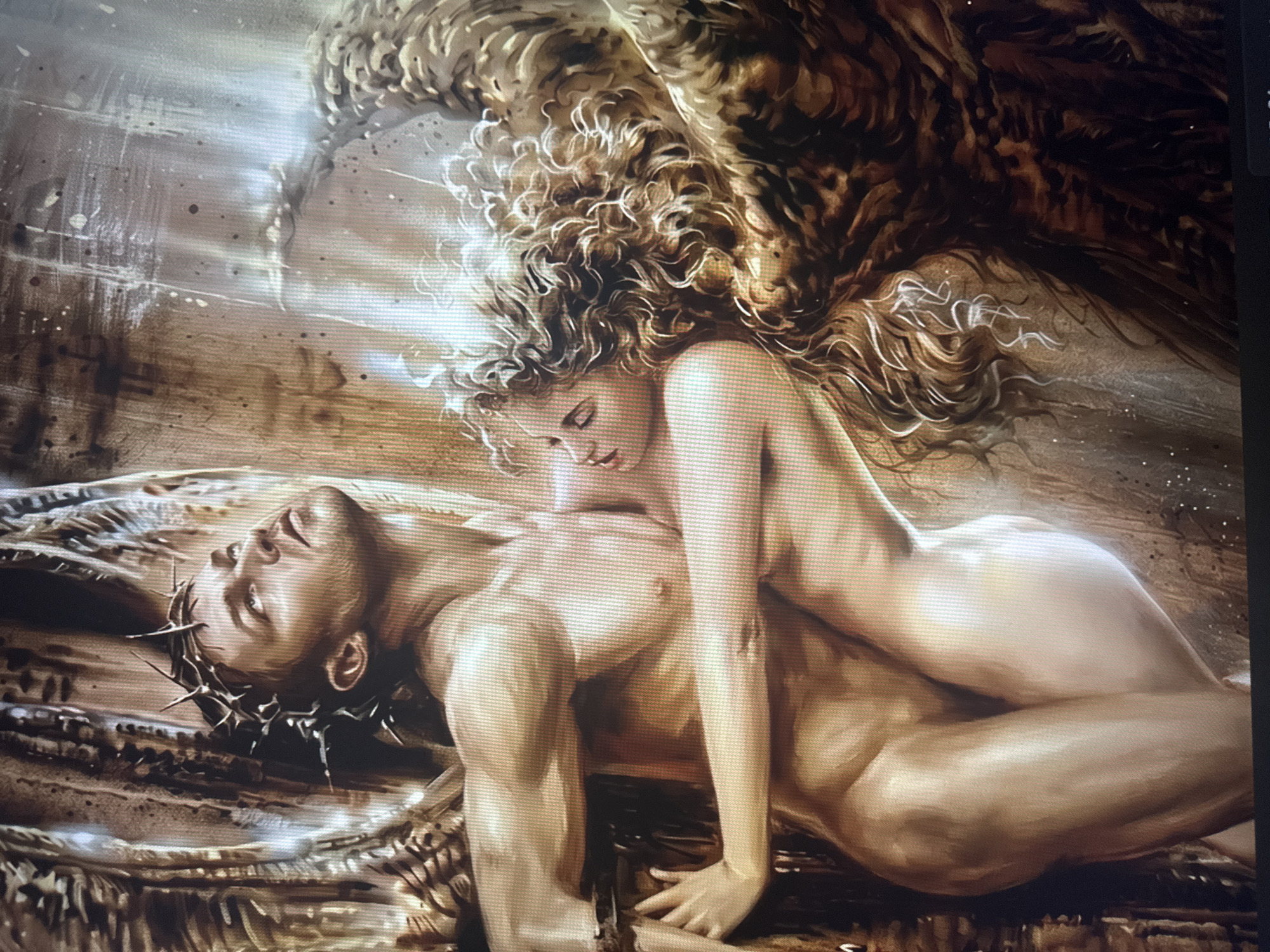 This is a digital painting or artwork depicting two nude figures. The figure on the left is a male with a crown of thorns on his head, looking upwards. He is embracing the figure on the right. The figure on the right is a female with long, curly hair, leaning into the male. They are positioned against a dark, textured background with light rays emanating from the upper right. There is no identifiable location in the city of Dondușeni, Moldova, depicted in this image.