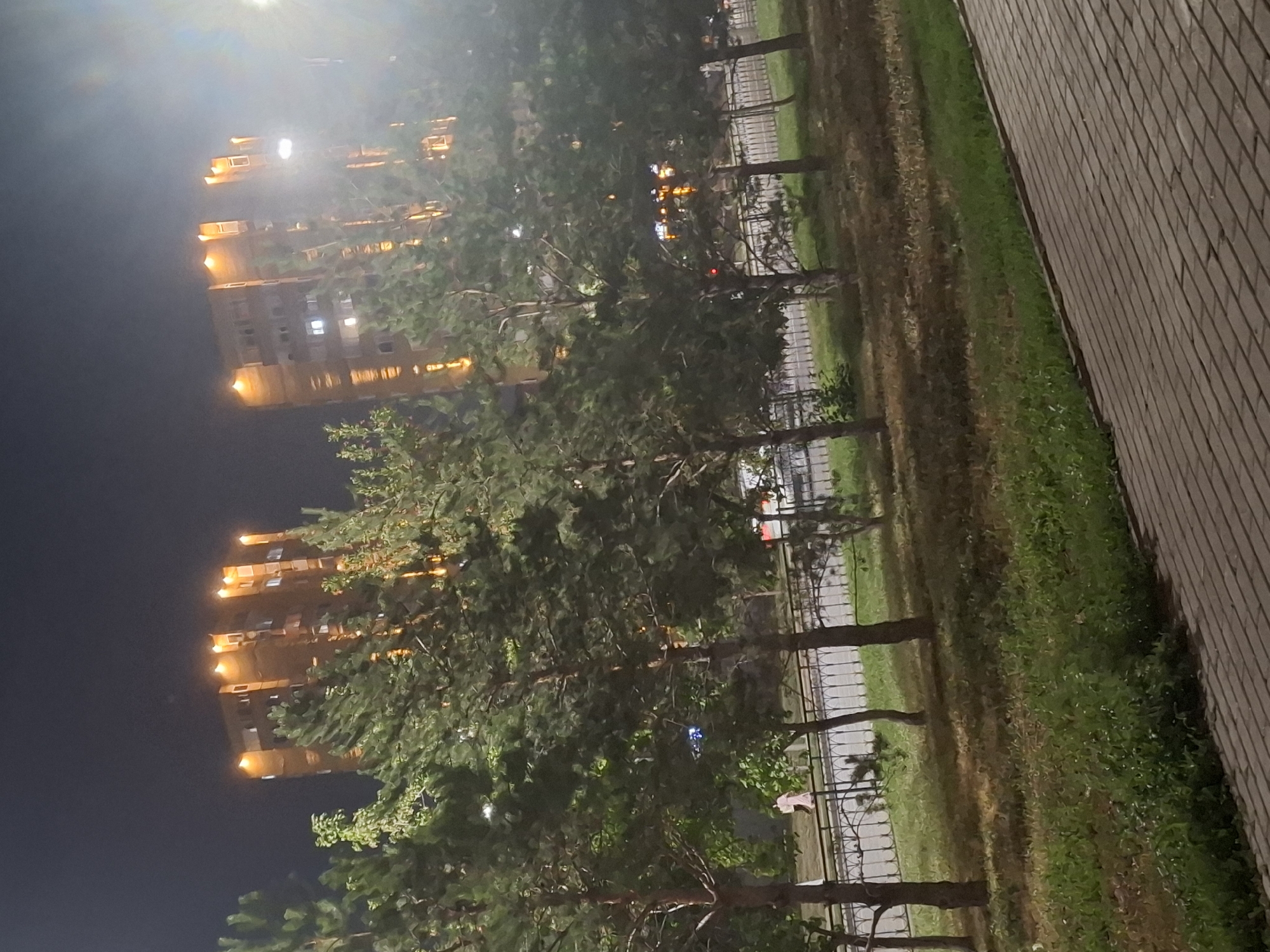 This nighttime photograph depicts a street scene in Astana, Kazakhstan. Two apartment buildings, illuminated by warm orange lights from their upper floors, dominate the background. In the foreground, a row of coniferous trees lines a paved walkway. A metal fence separates the trees from a grassy area. A person, wearing a light-colored garment, is visible walking in the middle ground behind the fence. The sky is dark, characteristic of nighttime.