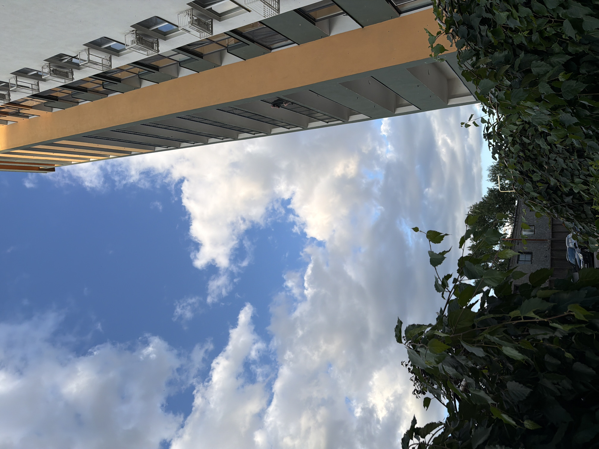 This is a vertical, eye-level, outdoor, daytime photograph taken in Kyiv, Ukraine, featuring a modern, tall residential building with a distinctive orange and green facade. The building occupies the right side of the frame, angled away from the viewer, with multiple floors of balconies visible. The sky, on the left and top of the image, is a vibrant blue dotted with fluffy white clouds. In the foreground, dense green foliage obscures the lower portion of the image, with leafy branches extending into the frame. Behind the foliage, a low-rise industrial-style building with dark windows and a fence is visible, along with two parked cars, one dark-colored sedan and one black SUV. A person can be seen standing on a balcony of the tall building, leaning against the railing.